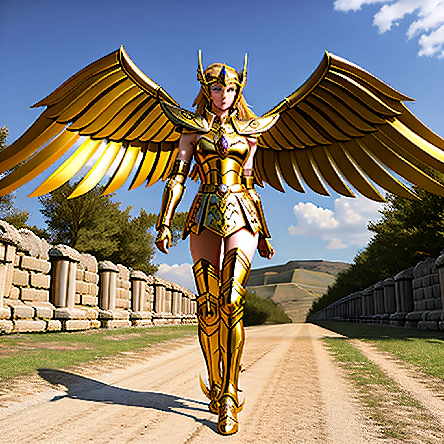 masterpiece, best quality, masterpiece, detailed face, detailed eyes, full body, 1girl, SagittariusArmor, female armor, long golden wings, walking on the ancient greek battlefields, nsfw, sexy, (8k, RAW photo, best quality, masterpiece:1.2), solo focus, mgq_valkyrie, wings, sky,