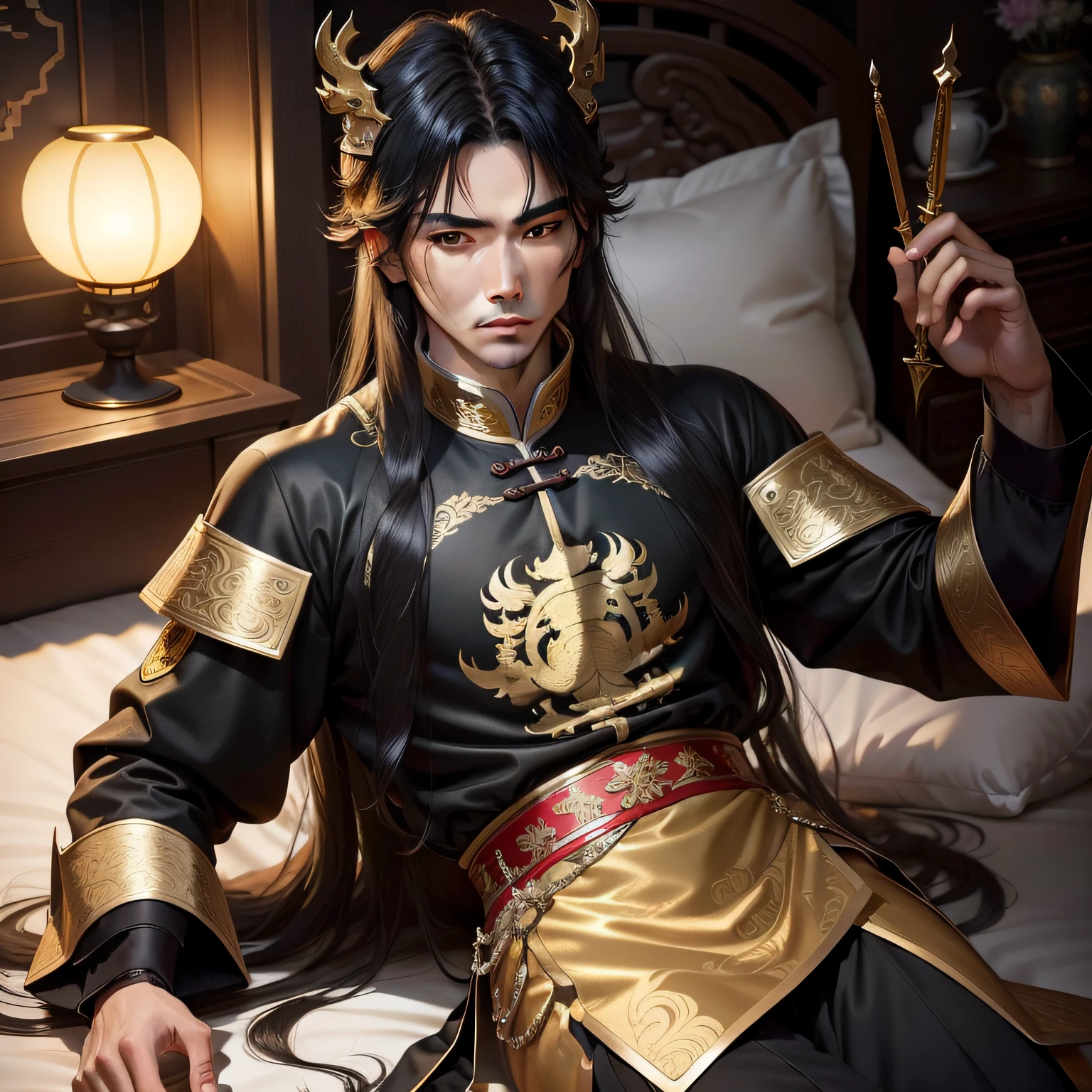 Masterpiece, Best quality, Night, full moon, 1 man, Mature man, Ancient China, Chinese palaces, eagle, Black hair, Black eyes, Split ends of hair, Long hair, Long bangs, Handsome, Diao noodles, chinese crown, Handsome, Masculine, Serious, gentle, Tall, calm, Black and gold alternating costumes, Gold pattern, Dragon pattern, prince, Sword pairing, Side, Facial details, The face is delicate(1人)(A young Shangxian was lying on the bed,Impatience in the eyebrows)(Background with: Inside the mysterious cave mansion of the immortal world)