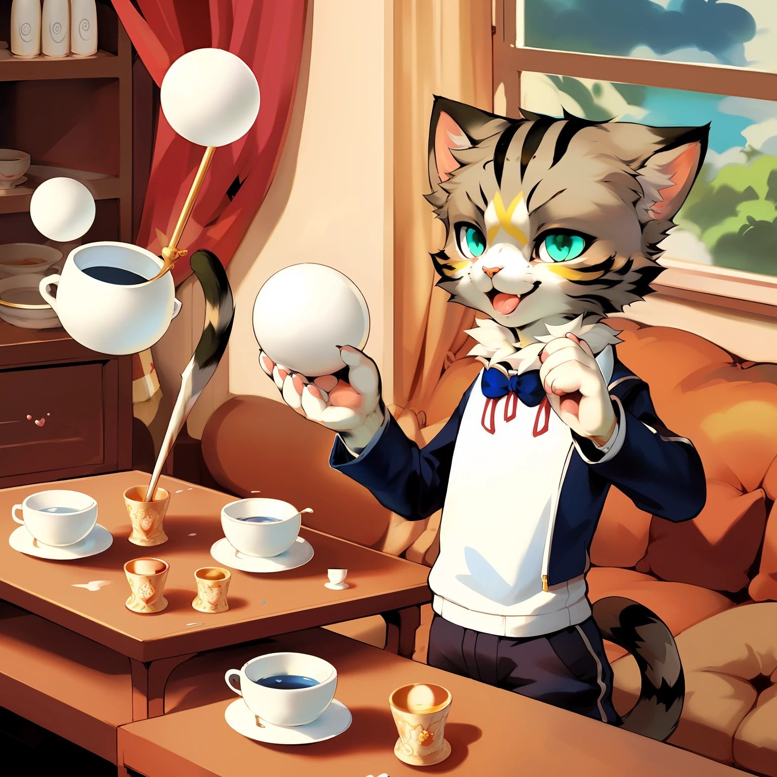 Humanoid cat juggling cups, fluffy cat, Porcelain cups, Blue pattern on the cups, tmasterpiece, artist Alexei Maleev