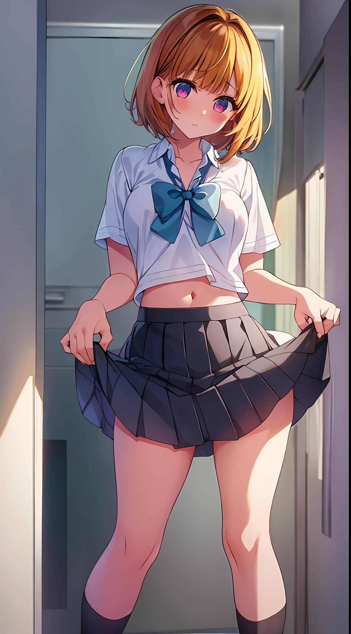 Full Body, Full Body Illustration, Best Illustration, ((Best Quality)), ((Masterpiece)), (Details: 1.4), Anatomical, Award-winning concept art, beautiful, fine detail, portraits, Look at the viewer, ((Show Full Body)), 1 girl, Full body, Solo, 10 years old, Golden and brown hair, Short hair, Blue and pink eyes, Big eyes, Undergarment, Panties, Skirt, White panties, Wet, Shirt, Wet clothes, Skirt lift, Blush, Classroom, Navel, Clothes lift,Simple background, Lift yourself, White shirt, Uniform, Look away, Short sleeves, Unevenness, Lolita figure, Skinny type, Last scene direction of school movie
