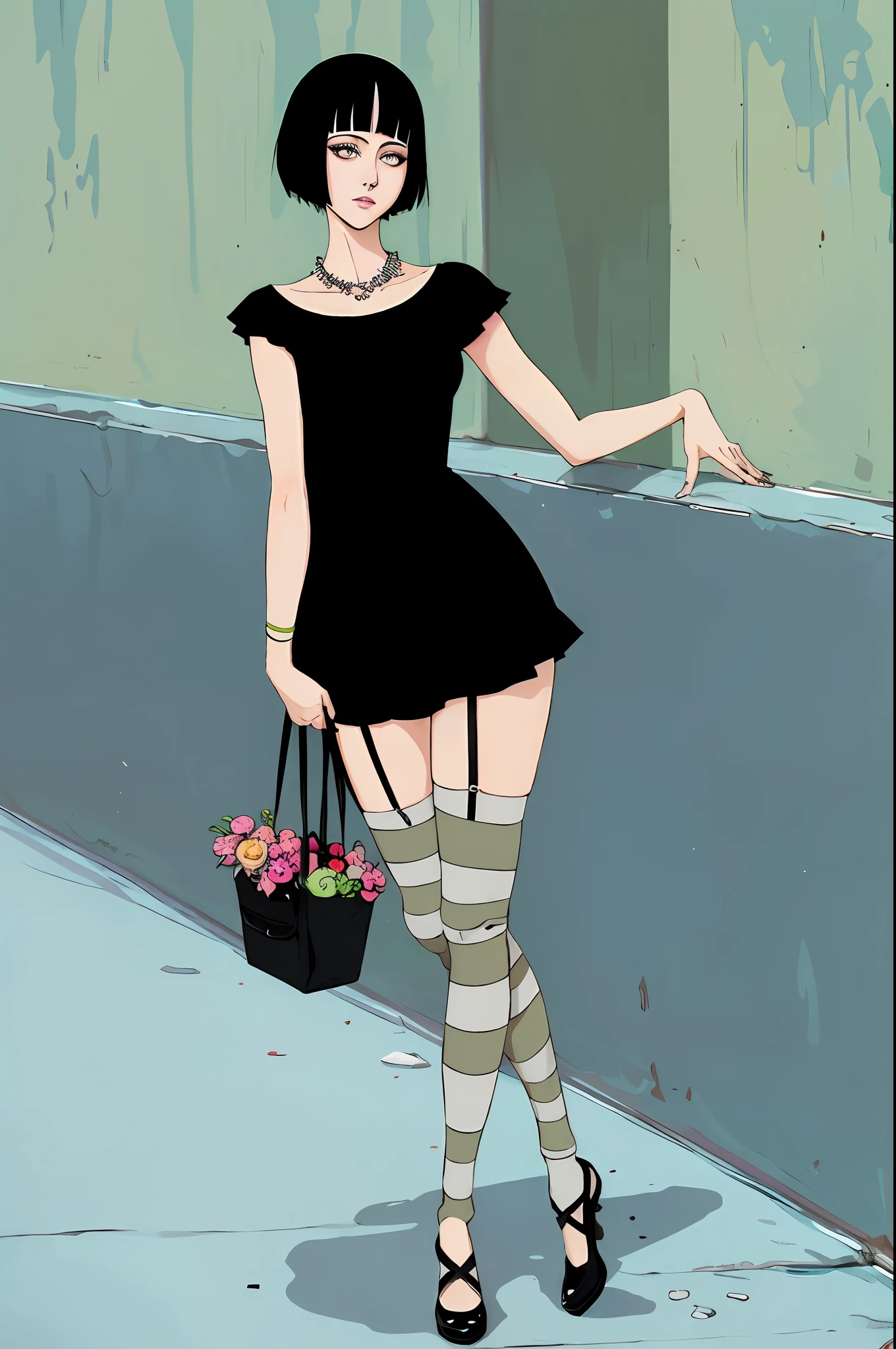 there is a woman in a short dress and striped stockings, mall goth, tall female emo art student, anime girl wearing a black dress, inspired by Asaf Hanuka, the non-binary deity of spring, retro girl, urban girl, realistic, real , uhd,