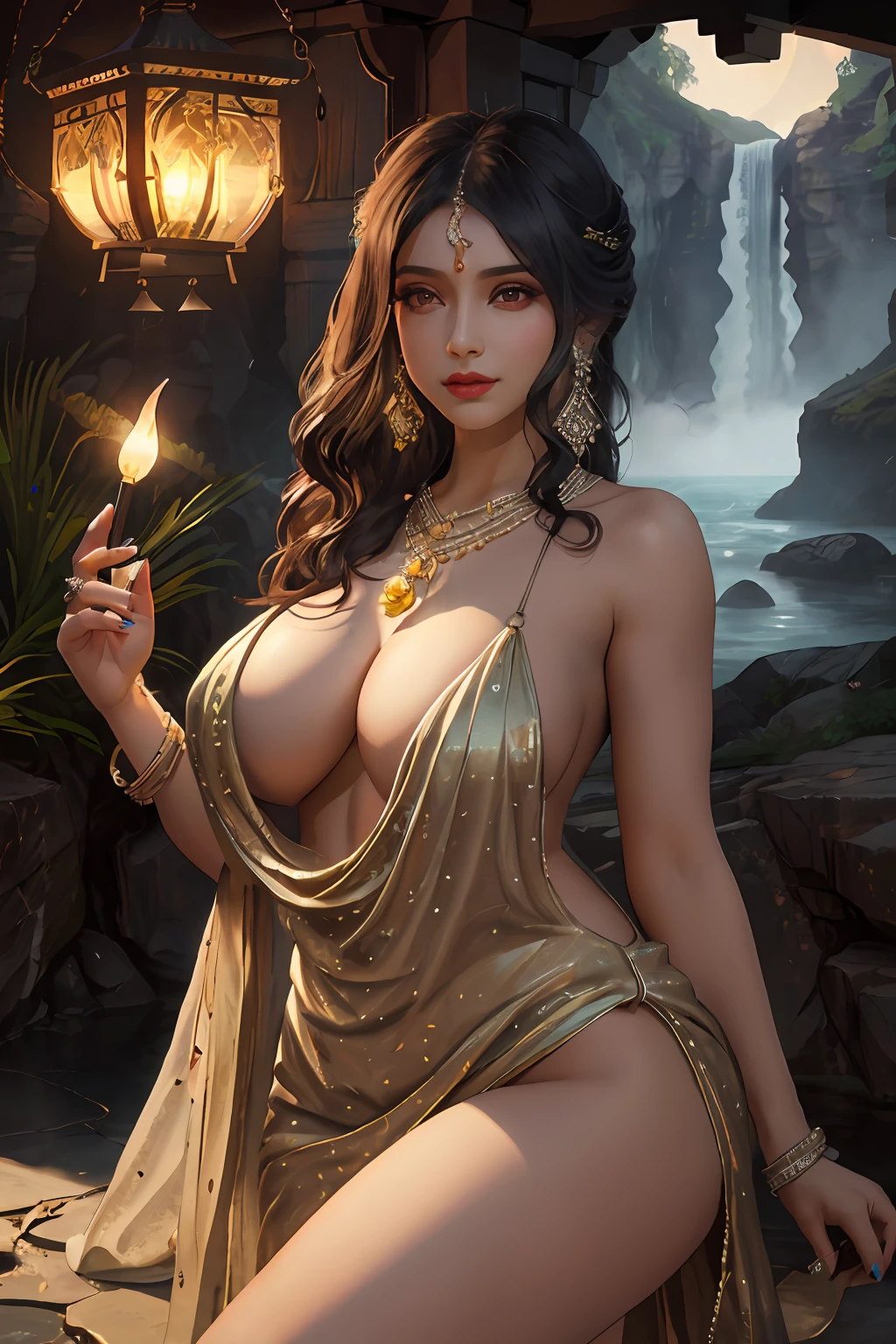 ((realistic: 1.5)),((best quality)), ((masterpiece)),((detailed)), (1girl), {a beautiful woman in a Sari}, full body,super wide angle lens, focus facial, young girl, sexy, toned muscles, long legs, female curves, barefoot, large firm breasts, open neckline, beautiful breasts with pink peeps, thick thighs, wide hips, slender legs, green eyes, long black hair, hair floating, long eyelashes, (detailed face, beautiful eye, detailed pupils, detailed clothing features, light background: 1.3), (Bindi, Jhumkas: 1.3), (Armlet, Haar, Payal, Maang Tikka, Jhumkas, Kamarband, Bangles :1.3), mysterious ancient ruin, lush forests, deep canyons, bridge, river, cliff, cloud, lakes, rock, waterfalls, flowers, grass, fog, vine, tree, smoke, best shadow, bright details, sharp, perfect composition , intricate, sharp focus, dramatic, by Frank Frazetta, by Julie Bell, by Olivia De Berardinis, by Luis Royo,by Boris Vallejo, (specular lighting:1.3),edge lighting, princess playing with water, riverbank, clothing scanty royal interior, random royal color, lying on the floor, thirsty face, erotic face, parted lips, almost naked, slipped down underwear, fog, floating antique clock, lamp and lantern, night light, visible public fair, visible breasts ,