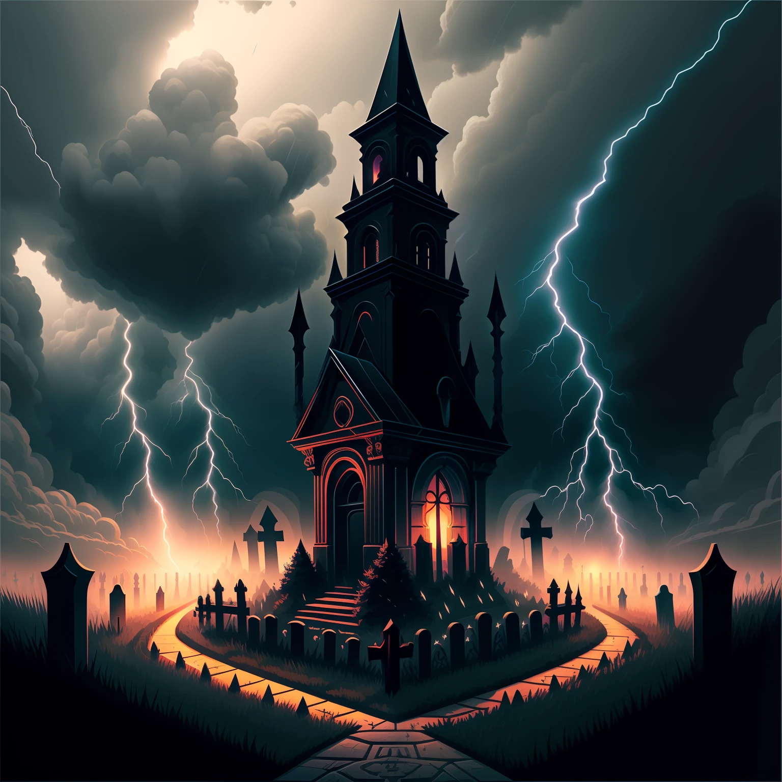 cemetery with lightning storm, dark colors, gothic style, t-shirt design, 2d, flat
