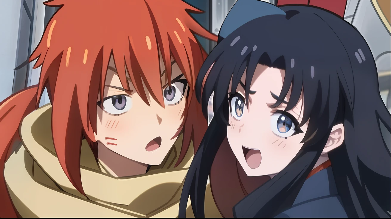 Two anime characters standing side by side, anime screenshot, still from tv anime, rurouni kenshin, from kenshin, 2 0 1 9 anime screenshot, gainax anime style, screenshot from a 2012s anime, anime still frame, animated still, close up iwakura lain, Anime screencap, screenshot from the anime film