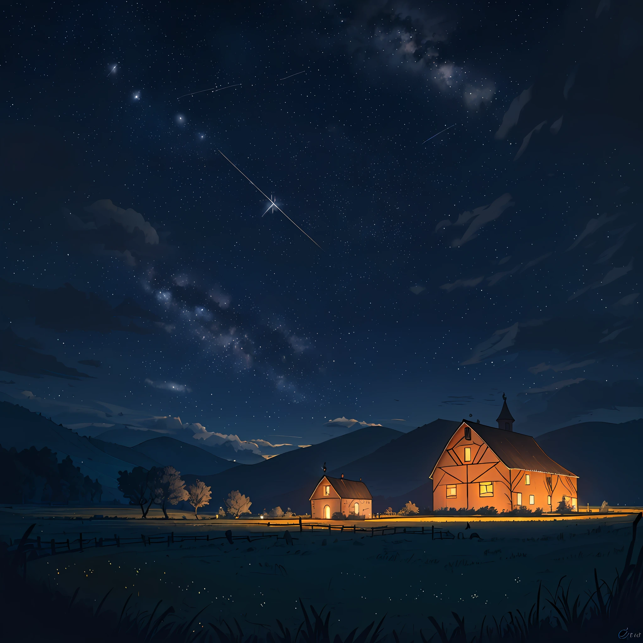 Uma paisagem rural com uma casa iluminada por luzes quentes e acolhedoras. There is a barn and pastures where the animals sleep, and in the dark sky, as estrelas brilham como diamantes.