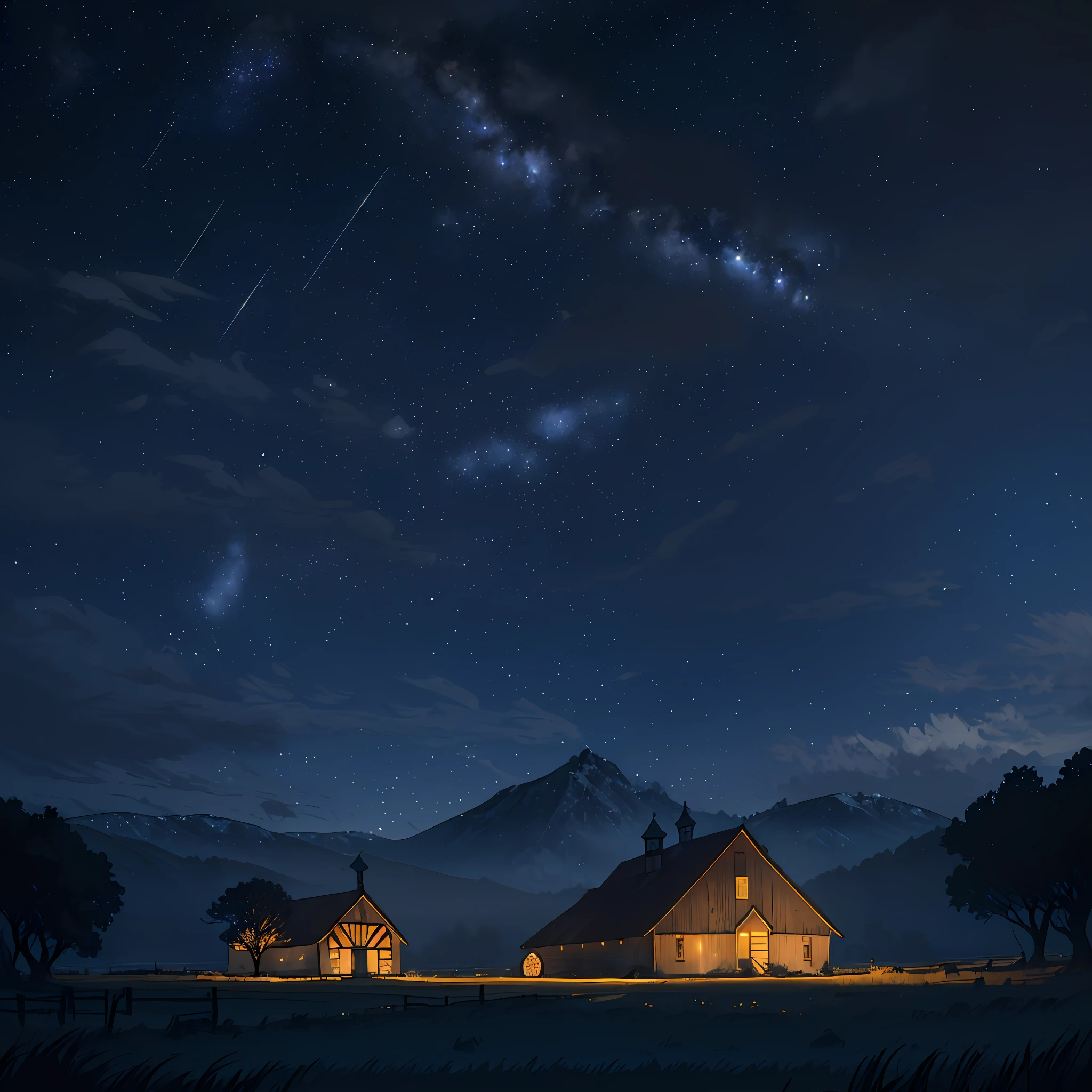 Uma paisagem rural com uma casa iluminada por luzes quentes e acolhedoras. There is a barn and pastures where the animals sleep, and in the dark sky, as estrelas brilham como diamantes.