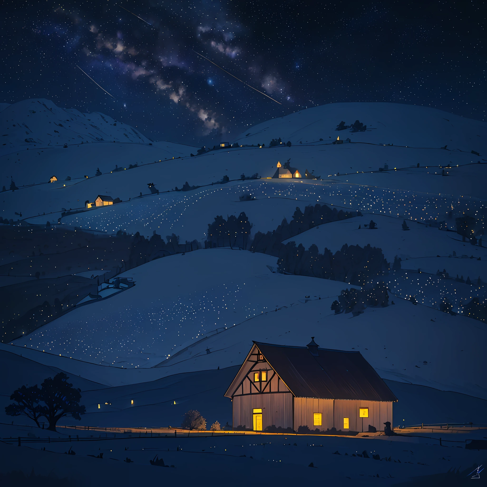 Uma paisagem rural com uma casa iluminada por luzes quentes e acolhedoras. There is a barn and pastures where the animals sleep, and in the dark sky, as estrelas brilham como diamantes.