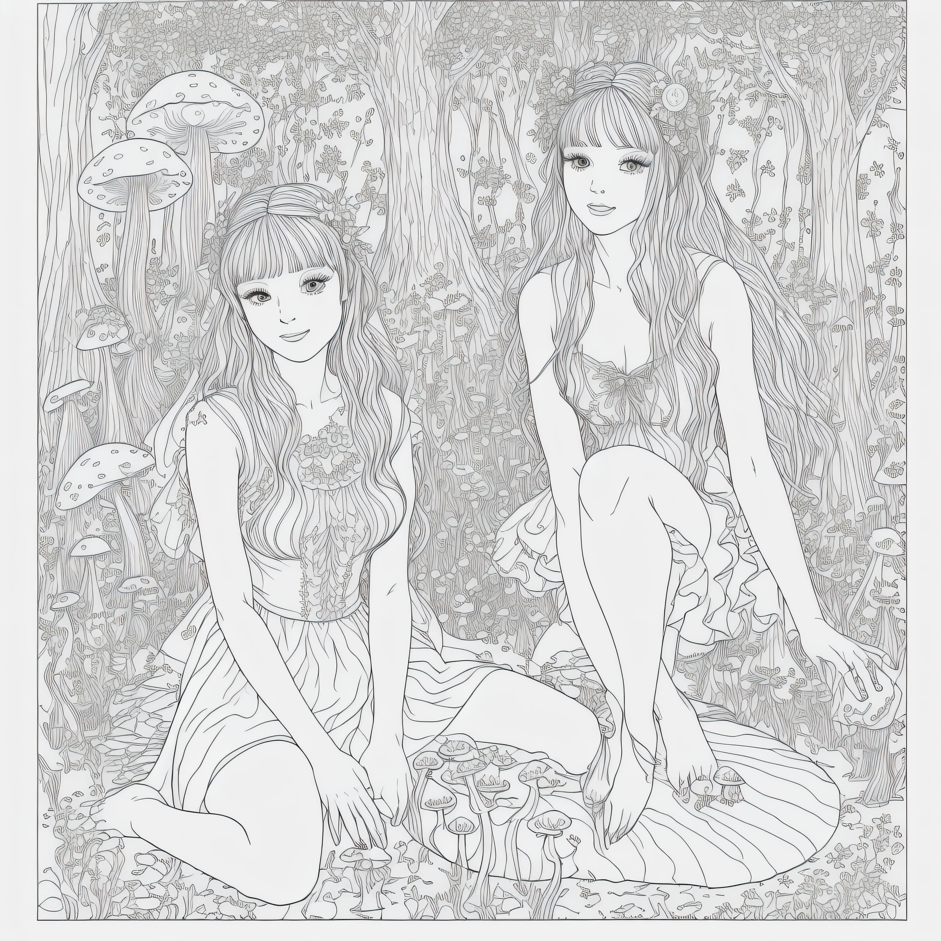 high detail coloring book page, thin black lines, white background, 1 bit line art coloring book, only draw outlines, sharp thick outlines, use full screen, outline art, illustration of, pretty fairy, sitting on a mushroom, surrounded by flowers and fireflies, in the forest