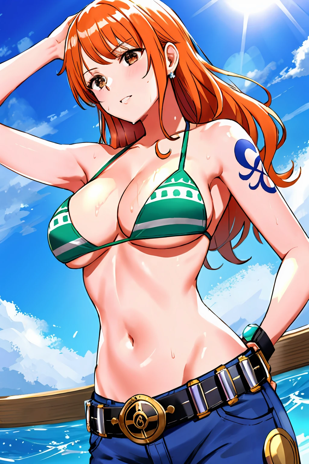 detailed background, masterpiece, 4k, epic, best quality, late youth, adult, wrestler body, strong, 1girl, active, energic, (large mouth) , solo, nami \(one piece\), 1girl, bangle, (very wet, yawning, drenched in sweat, sweat all over body, very wet hair, tired, open mouth, exhausted, shouting, sweaty face, sweaty body, sweating too much, shiny sweat, leaning, hands on hips, serious, glaring, open eyes, perfect detailed face, round face, sweat on face) bold drawing lines, muscular arms, detailed bold arm lines, flat jaw, adult woman, wavy wide streaked bangs, floating bang, (big cheeks), bare shoulders, off-shoulders, belt, bikini, bikini top only, blue sky, bracelet, springy breasts, breast lines, big round eyes, very big brown shiny eyes, bubbles, high eye position, cleavage, cloud, day, denim, earrings, floating hair, shiny hair, green belt, green bikini, bold groin lines, jeans, jewelry, medium breasts, log pose, long hair, looking at viewer, big navel, wet hair, orange hair, pants, shoulder tattoo, sidelocks, sky, solo, standing, stomach, swimsuit, tattoo , looking at viewer, open mouth, detailed left arm, big forehead, hourglass figure, small head, toned body, wide hair, wind effect, sun effect, under the sun, narrow small ears angle, older, random poses,