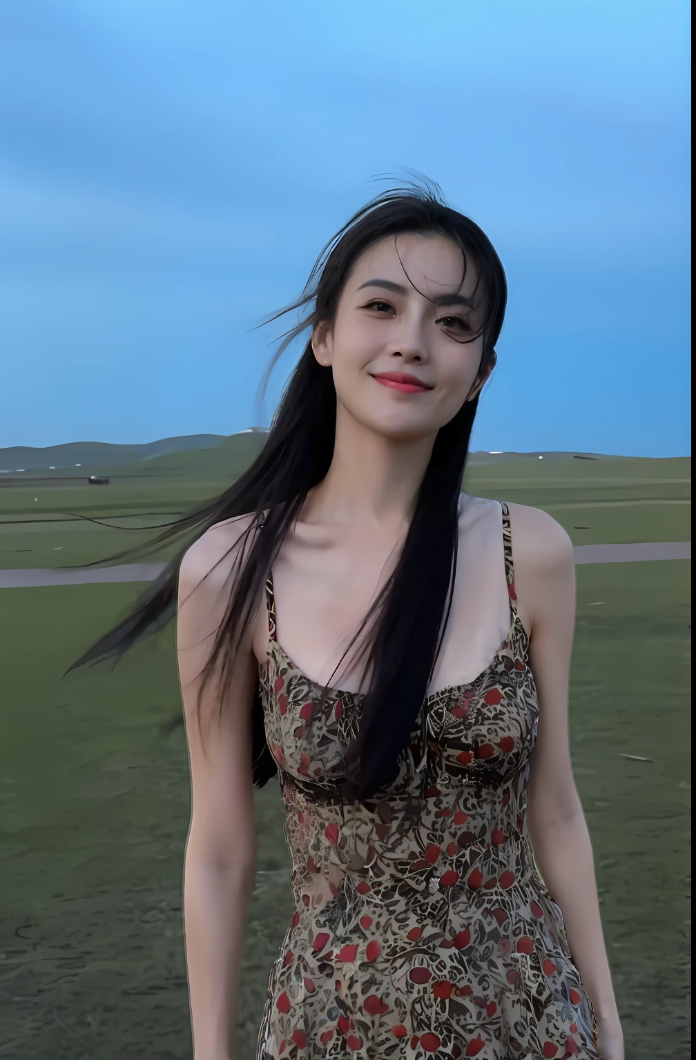 Arad woman in a floral dress standing in the field, gorgeous chinese models, Chinese girl, xintong chen, shaxi, xue han, dilraba dilmurat, full-body xianxia, wenfei ye, beautiful Korean women, With long hair, gongbi, Chinese woman, lei min, Lu Ji, She has a cute face，with blue sky and white clouds