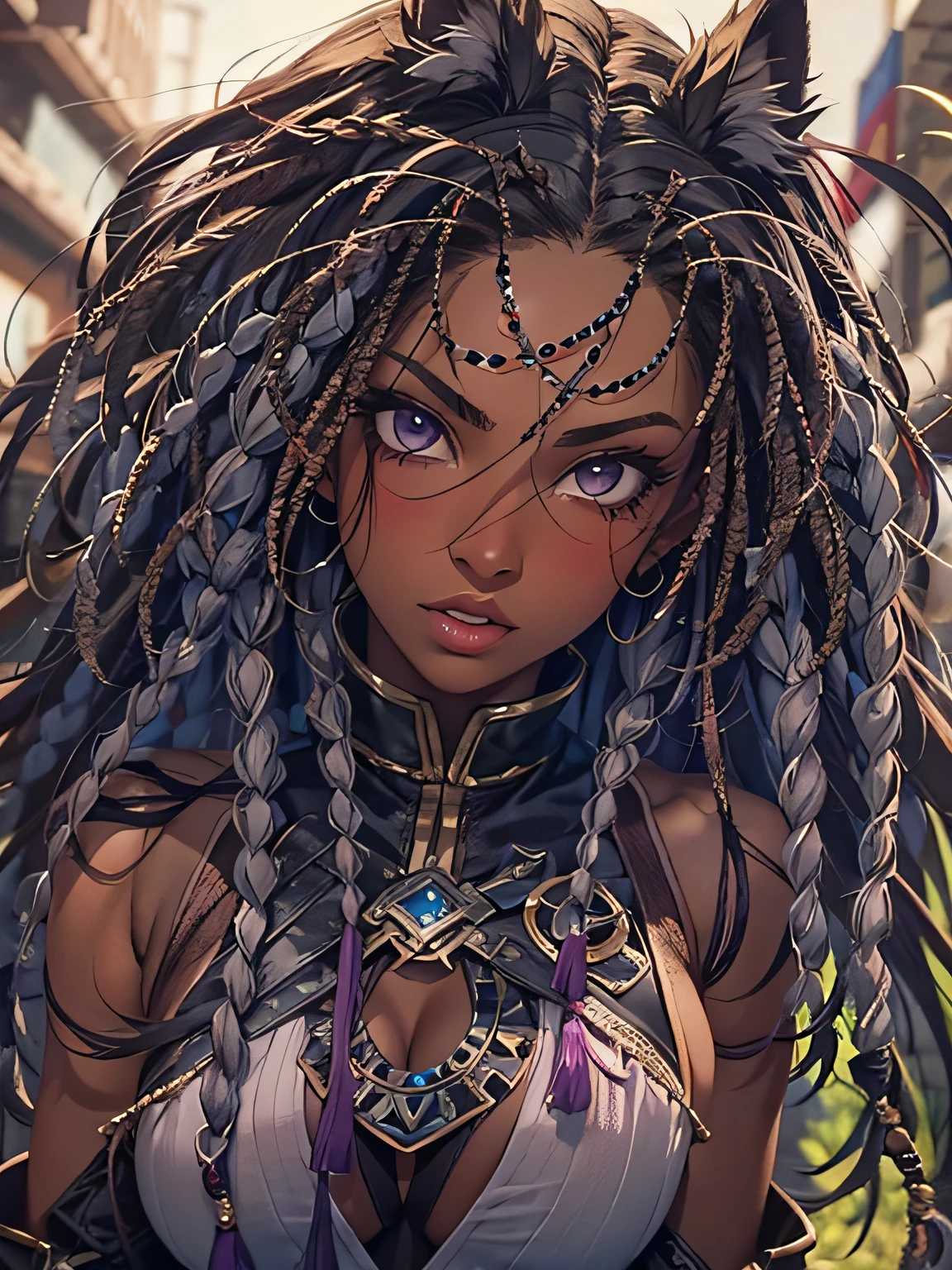 master part, Excelente, 1girl, sozinho, detalhes complexos, color diffusion, comic book, anime, maravilha, Dc, gatinha, pele escura, ebony-esque, Brown skin, dark skinned female, Coxas, orelhas de gato, Cabelos escuros, cabelos pretos, plaits, dreadlocks, braided hair, Purple eyes, traje despojado, Epic costume, Assassino, Badass, mortal, mas sexy, trending, Demon, deusa, Super Villain