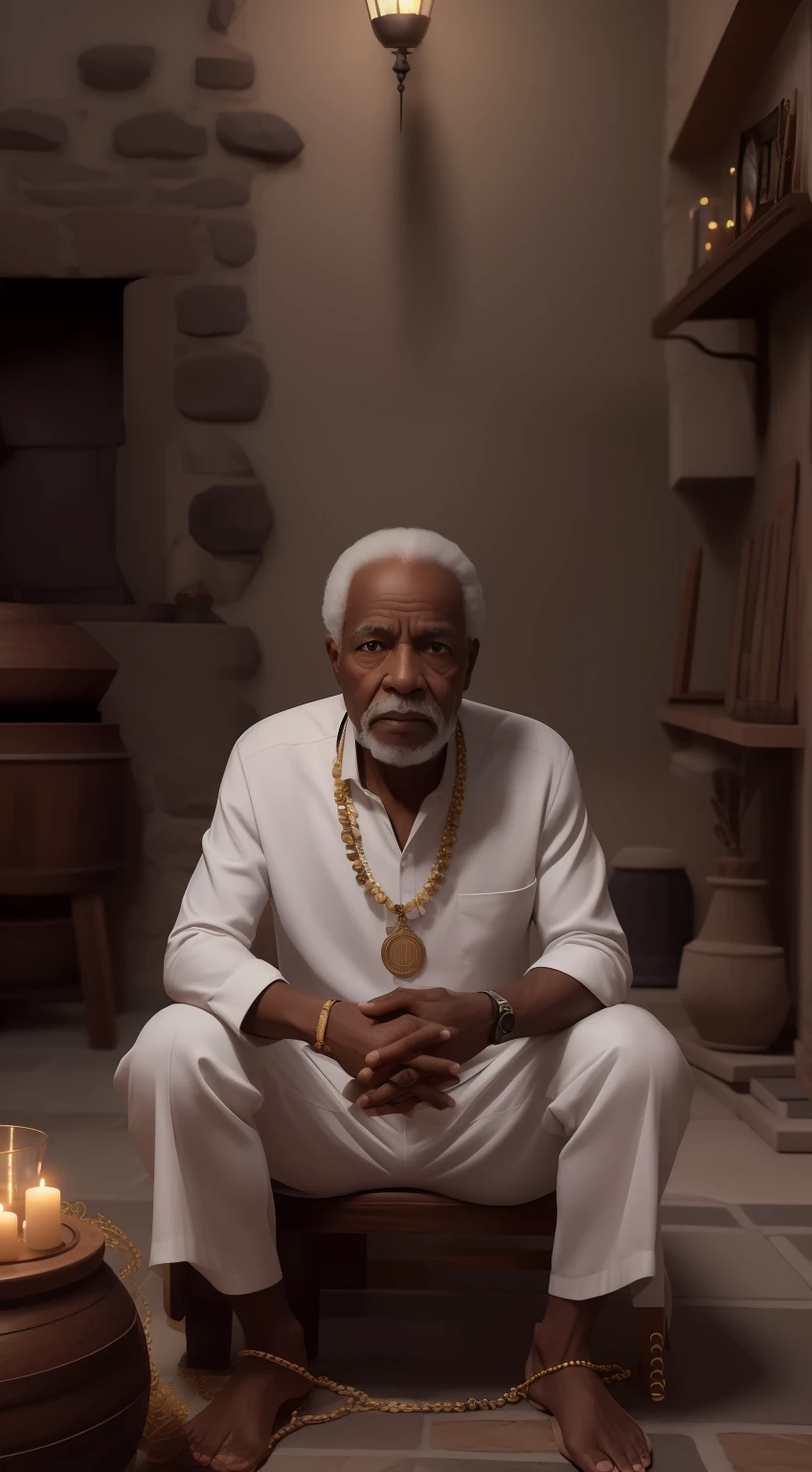 Crie uma imagem hiper realista de um homem velho afrodescendente, 80 anos, olhos brilhantes, cansados e triste, pele negra, cabelos curto, crespo e grisalho, vestindo um velho, simples, torn white cotton outfit, on the neck crucifix necklaces with seeds and medal, rosto com rugas. The decoration should be dark old clay wall, with candle lighting with lots of smoke in an intimate and religious atmosphere.
Use a Sony A7 III camera with an 85mm lens at an aperture setting of F 1.2 para desfocar o fundo. Detailed hand with five perfect detailed humanized fingers. Richness in the features of the face, boca e olhos. Crie uma imagem ultrarrealista que captura a beleza natural e a personalidade, dramatic lighting, ..3d, VFX, 9:16 cinematic lighting, estilo phonk, Estilo UltraVector, hyper realistic, cinemactic, Ultra High Definition, HDR, cinemactic, Realistic, precision detailed (moldura para foto) cintura), imagem central, Estilo, bioluminescente, tamanho real 8, 8K resolution