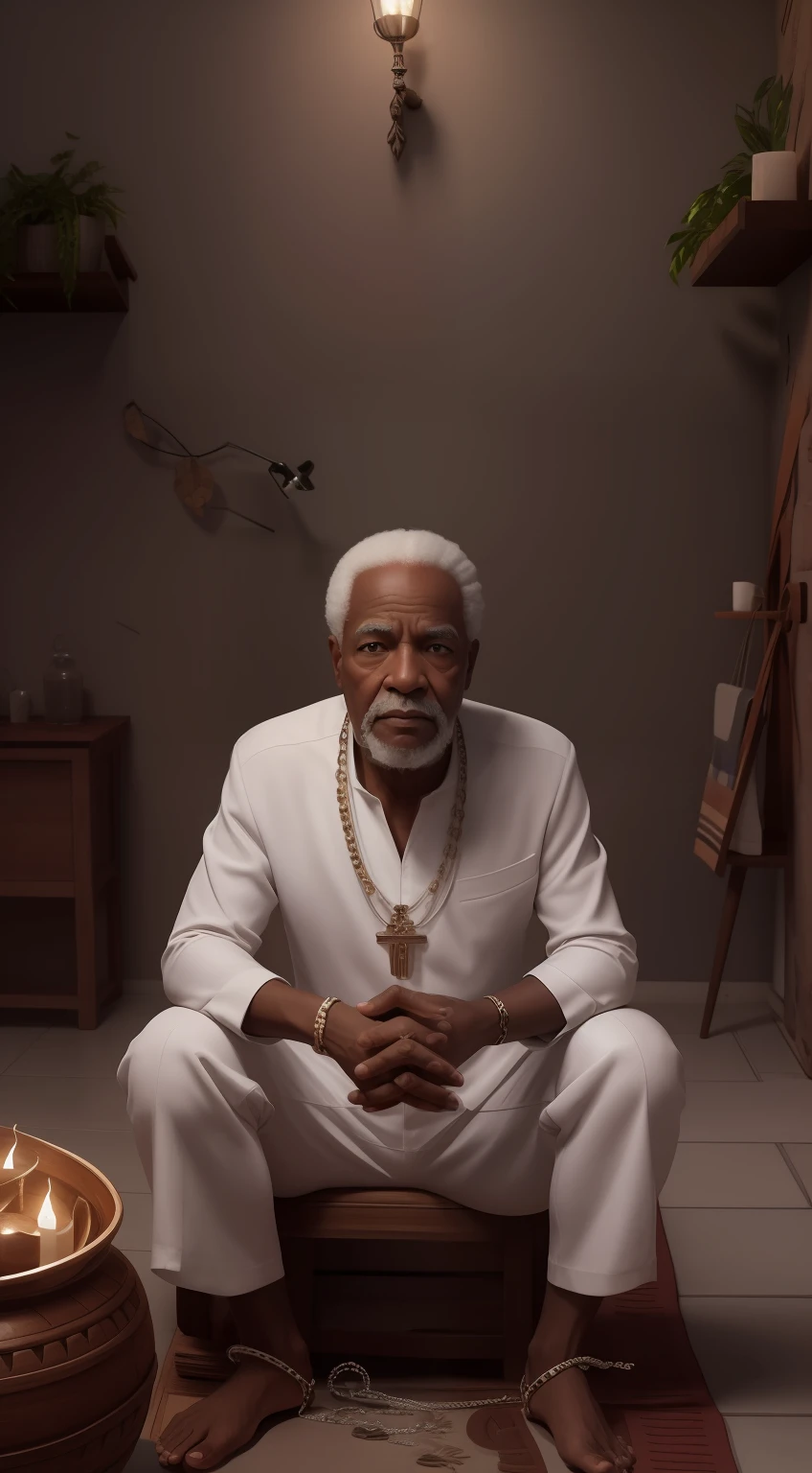 Crie uma imagem hiper realista de um homem velho afrodescendente, 80 anos, olhos brilhantes, cansados e triste, pele negra, cabelos curto, crespo e grisalho, vestindo um velho, simples, torn white cotton outfit, on the neck crucifix necklaces with seeds and medal, rosto com rugas. The decoration should be dark old clay wall, with candle lighting with lots of smoke in an intimate and religious atmosphere.
Use a Sony A7 III camera with an 85mm lens at an aperture setting of F 1.2 para desfocar o fundo. Detailed hand with five perfect detailed humanized fingers. Richness in the features of the face, boca e olhos. Crie uma imagem ultrarrealista que captura a beleza natural e a personalidade, dramatic lighting, ..3d, VFX, 9:16 cinematic lighting, estilo phonk, Estilo UltraVector, hyper realistic, cinemactic, Ultra High Definition, HDR, cinemactic, Realistic, precision detailed (moldura para foto) cintura), imagem central, Estilo, bioluminescente, tamanho real 8, 8K resolution