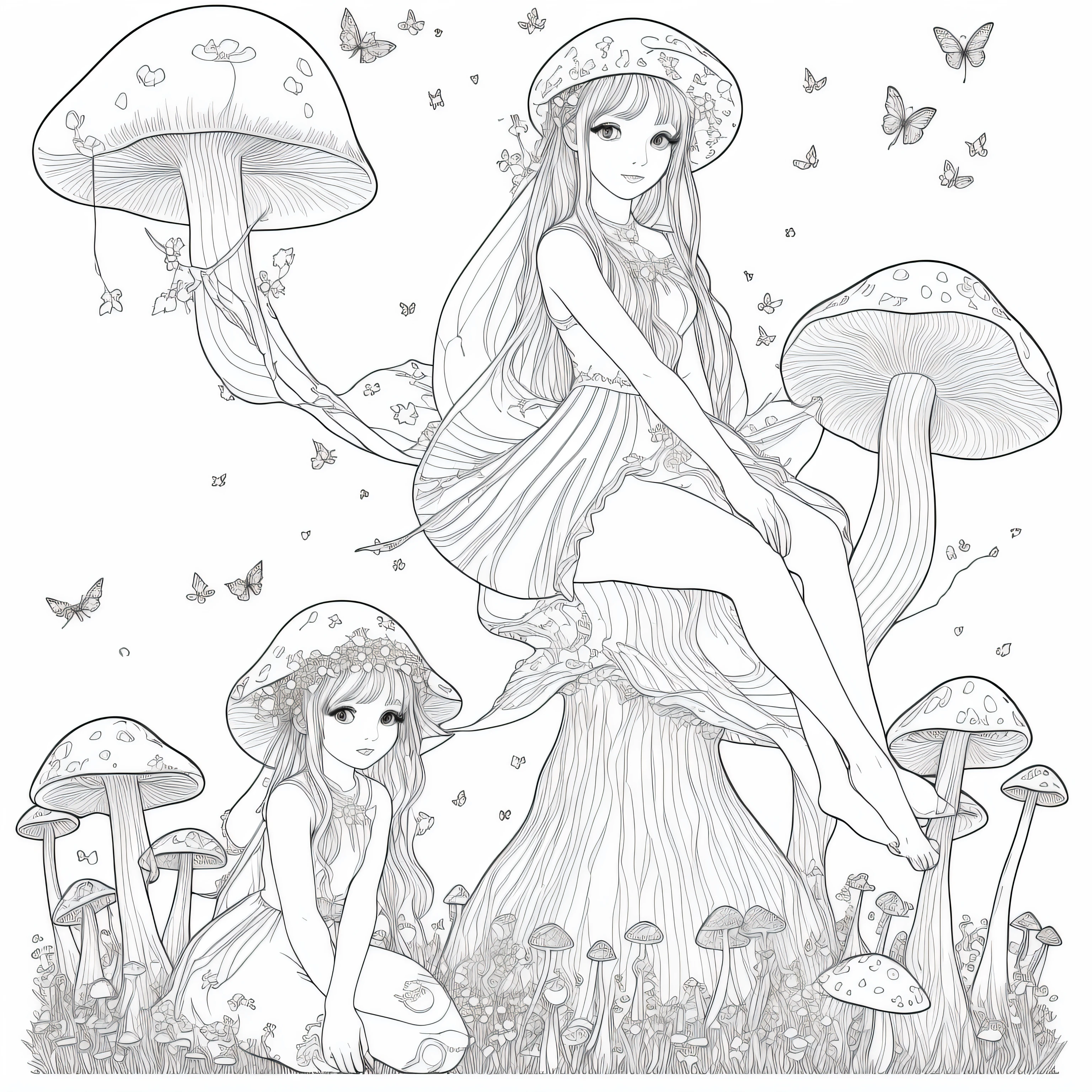 high detail coloring book page, thin black lines, white background, 1 bit line art coloring book, only draw outlines, sharp thick outlines, use full screen, outline art, storybook illustration, pretty fairy, sitting on a mushroom, surrounded by flowers and fireflies
