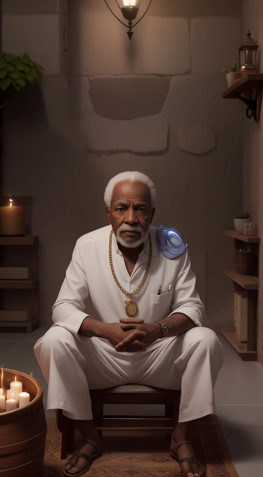 Crie uma imagem hiper realista de um homem velho afrodescendente, 80 anos, olhos brilhantes, cansados e triste, pele negra, cabelos curto, crespo e grisalho, vestindo um velho, simples, torn white cotton outfit, on the neck crucifix necklaces with seeds and medal, rosto com rugas. The decoration should be dark old clay wall, with candle lighting with lots of smoke in an intimate and religious atmosphere.
Use a Sony A7 III camera with an 85mm lens at an aperture setting of F 1.2 para desfocar o fundo. Detailed hand with five perfect detailed humanized fingers. Richness in the features of the face, boca e olhos. Crie uma imagem ultrarrealista que captura a beleza natural e a personalidade, dramatic lighting, ..3d, VFX, 9:16 cinematic lighting, estilo phonk, Estilo UltraVector, hyper realistic, cinemactic, Ultra High Definition, HDR, cinemactic, Realistic, precision detailed (moldura para foto) cintura), imagem central, Estilo, bioluminescente, tamanho real 8, 8K resolution