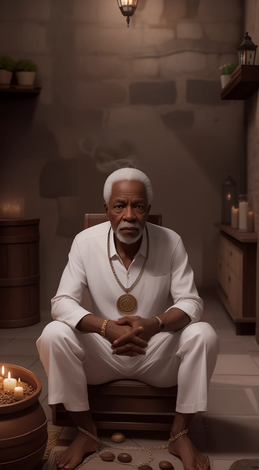 Crie uma imagem hiper realista de um homem velho afrodescendente, 80 anos, olhos brilhantes, cansados e triste, pele negra, cabelos curto, crespo e grisalho, vestindo um velho, simples, torn white cotton outfit, on the neck crucifix necklaces with seeds and medal, rosto com rugas. The decoration should be dark old clay wall, with candle lighting with lots of smoke in an intimate and religious atmosphere.
Use a Sony A7 III camera with an 85mm lens at an aperture setting of F 1.2 para desfocar o fundo. Detailed hand with five perfect detailed humanized fingers. Richness in the features of the face, boca e olhos. Crie uma imagem ultrarrealista que captura a beleza natural e a personalidade, dramatic lighting, ..3d, VFX, 9:16 cinematic lighting, estilo phonk, Estilo UltraVector, hyper realistic, cinemactic, Ultra High Definition, HDR, cinemactic, Realistic, precision detailed (moldura para foto) cintura), imagem central, Estilo, bioluminescente, tamanho real 8, 8K resolution
