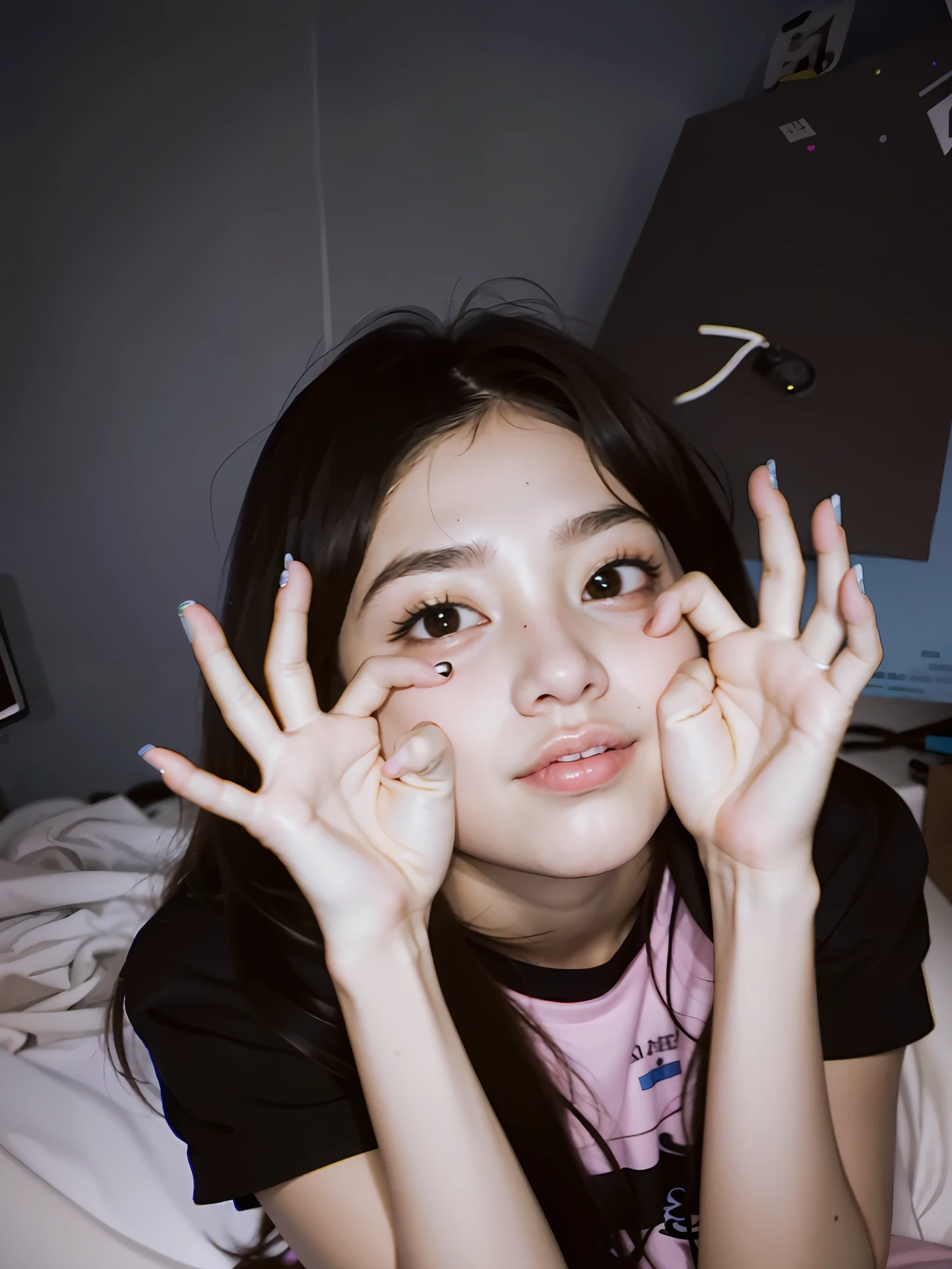 There was a young girl lying in bed，Hands up, Wrap your fingers around your apple muscles，disposable camera photo, hands on face, blackpink jennie, low quality photo, Hand on cheek, jossi of blackpink, with cute doting eyes, Pose(cheerfulness), largeeyes, She has a cute face, Black-pink top