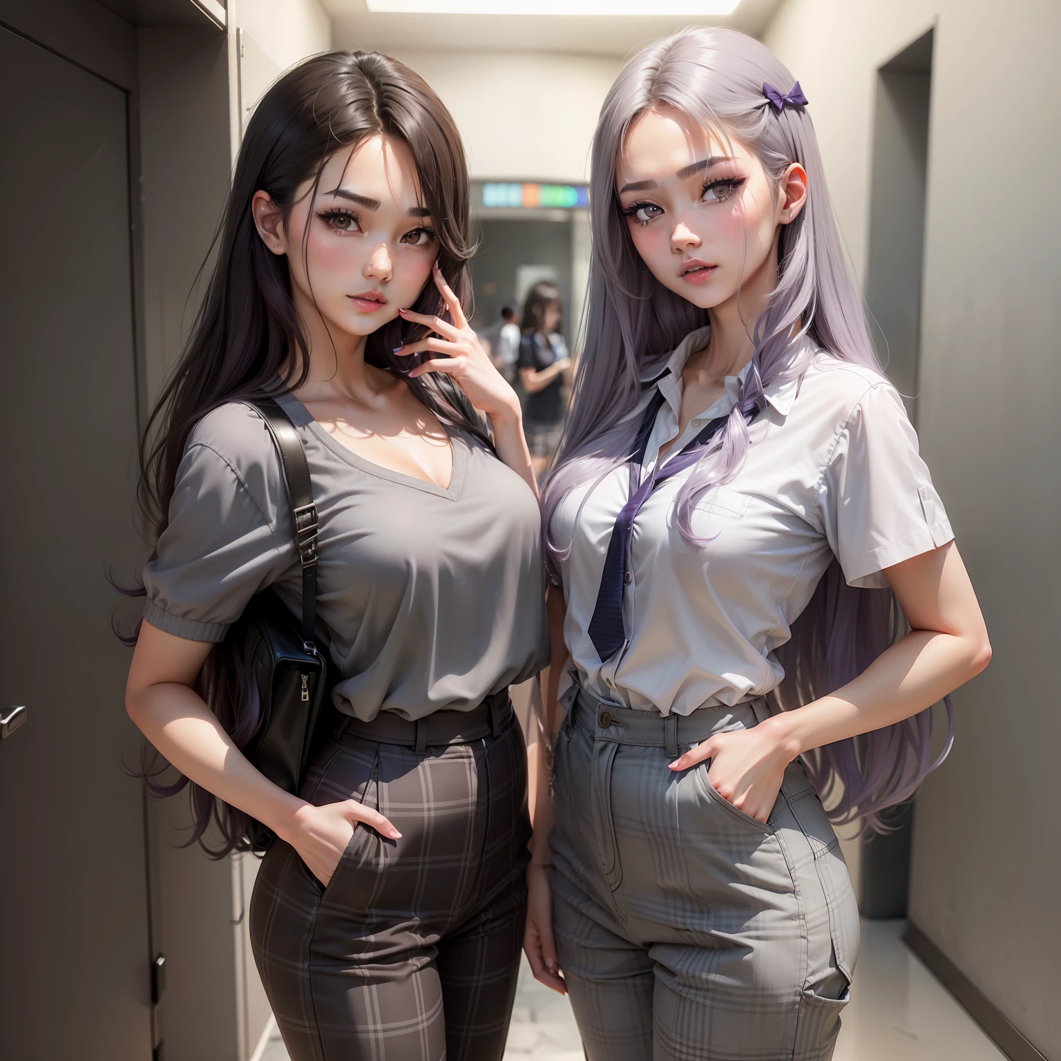 (schoolgirls)，loli face，sweet，（（Gray-purple texture wave wavelength emitted）），exquisite facial features，(Delicately layered gray-purple wave layered long hair，Hair has pick-dye）Brown eyes，eyeslashes，Redlip，（（Stand and look straight ahead））putting makeup on，sportrait，(Glossy glossy skin)，chaste，solo，（（Wear a summer fashion short-sleeved top，Stylish retro high-rise plaid pants，）），Put your hands in your pockets，Delicate hands pose for posing，The fingers are complete and flawless，Delicate nose，Magazines，Pose for modeling，fashionable and trendy，in cold face，The mouth is closed，A half body，（（Plain gray background）），ultraclear。
