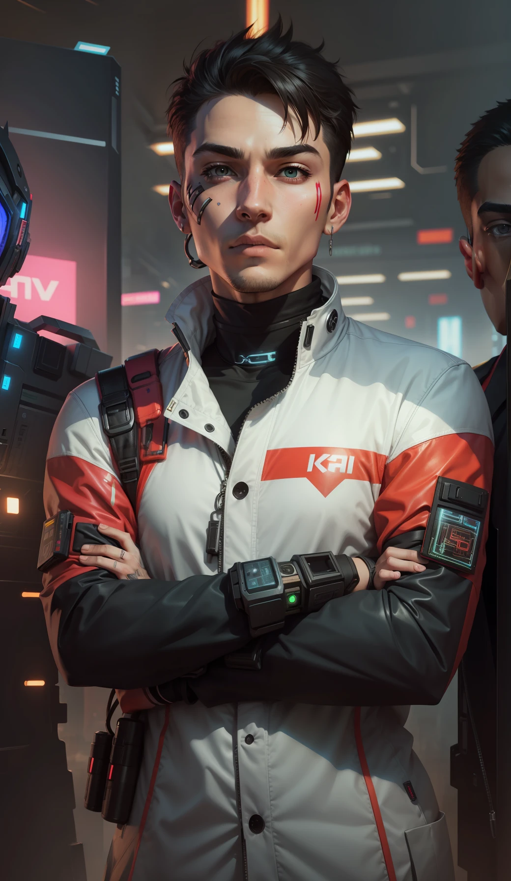 Futuristic , realistic background face ,gamer cyberpunk male