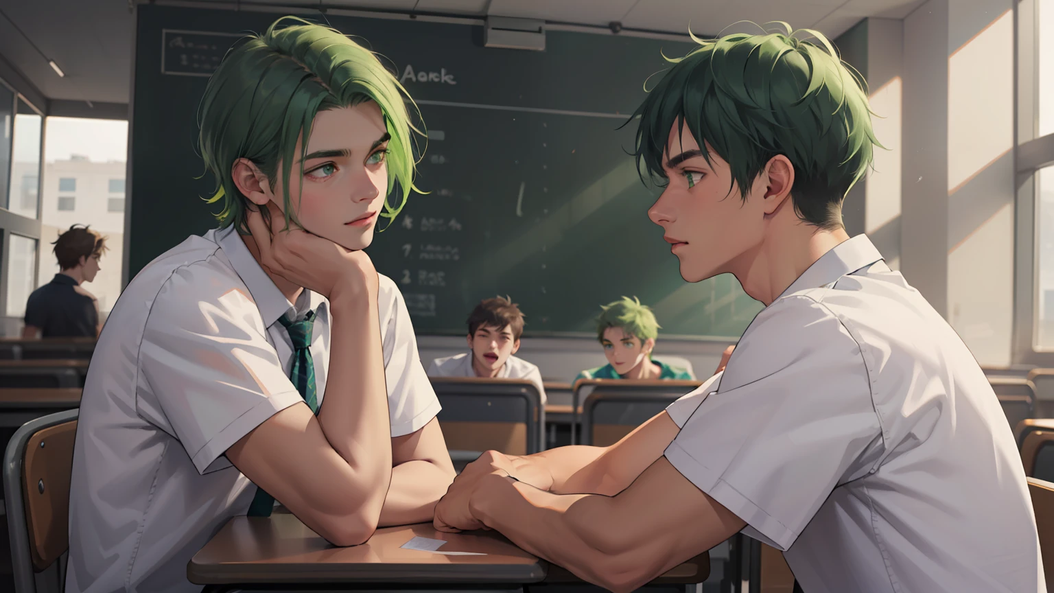 Two 15-year-old teenage friends with Latin skin and bright green hair light green eyes at school are talking about an important topic are friends almost like brothers.de fondo se ve una hermosa ciudad moderna y plateada......