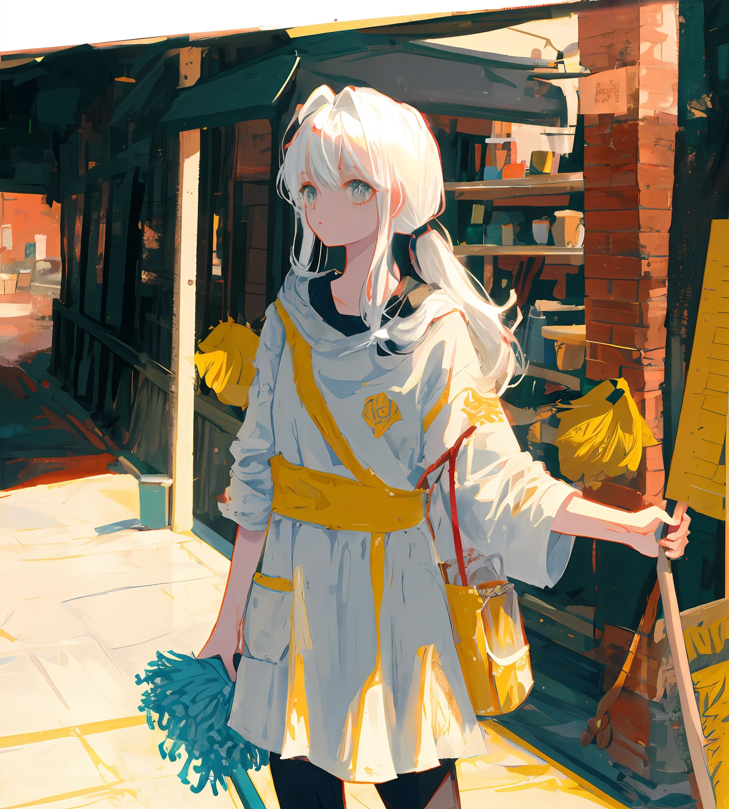 Q printmaking style，white color hair，Mopping