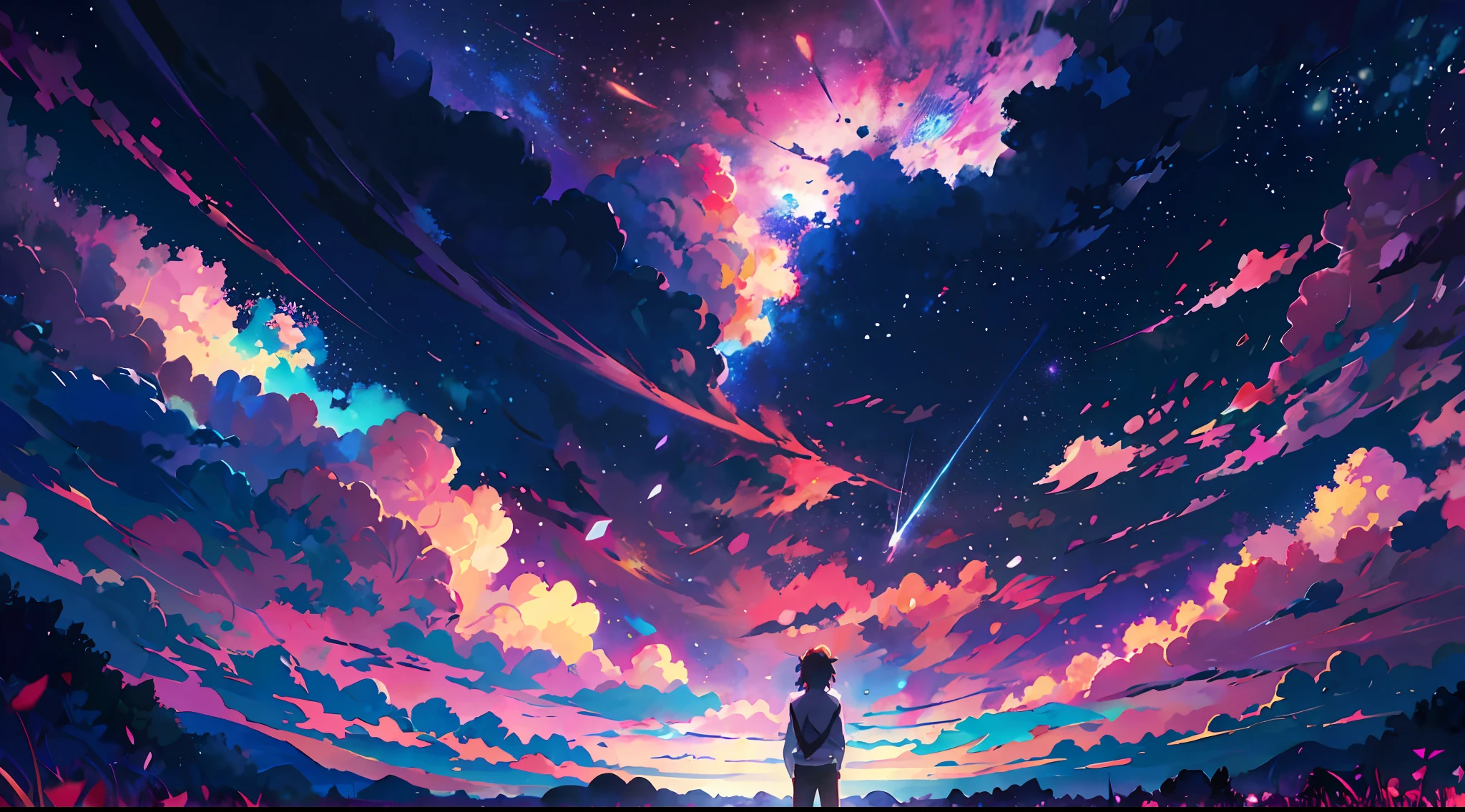 anime boy looking at the stars in the sky，Makoto Shinkai Cyril Rolando，your name movie style，Your name，Cosmos Sky。Written by Makoto Shinkai， Anime wallpapers 4 k， anime wallpaper 4k， Anime art wallpaper 8 K， Anime art wallpaper 4 K， anime art wallpaper 4k， Shinkai sincerely！， 4k anime wallpaper，1 boy