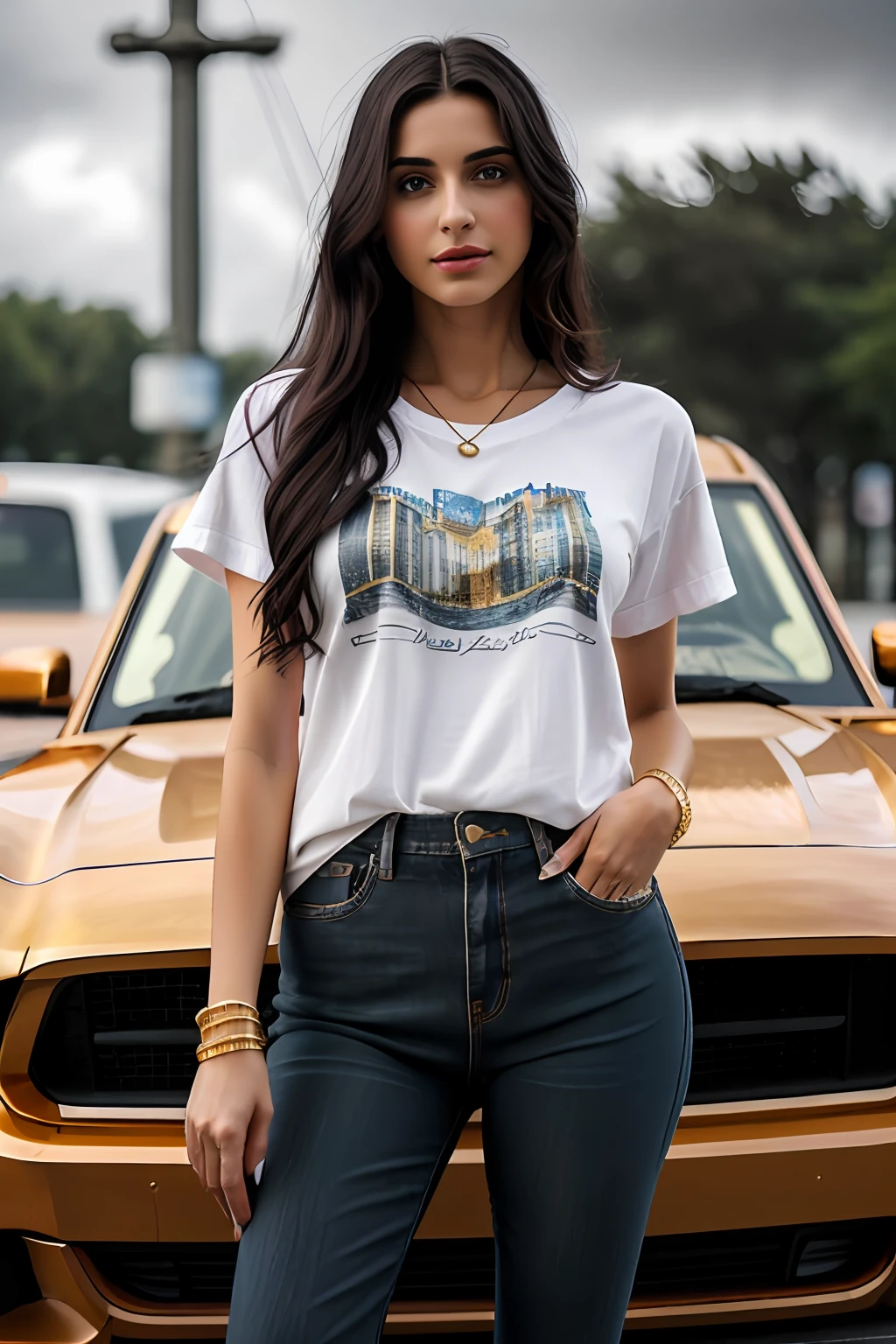 ((Best Quality, 8k, Masterpiece:1.3)), Focus: 1.2, Perfect Body Beauty: 1.4, Arabian 27 years old woman: 1.2, ((Long black Hair)), (Orange Baggy basic tee-shirt:1.1) , basic full body length tee-shirt (Rain, Street:1.3), Dark blue skinny jeans, long jeans: 1.1, Highly detailed face and skin texture, Detailed eyes, Double eyelids, toned body, Whitened skin, minor smile, large breasts, toned legs, beautiful detailed feets, long heel's, detailed feets and fingers, perfect feet's, whitened skin, detailed eyes and face, middle eastern woman, baggy medium size basic tee-shirt, simple plain Baggy Tee-shirt, toned hips, 8K UHD, gold anklets, neck gold chain, model looks, apocalypse city, carrying brown leather hand bag, rainy weather, dark clouds, hold wrist watch, bracelet, bangle's open legs style Posing, rainy atmosphere, standing old gas station, vintage ford mustang