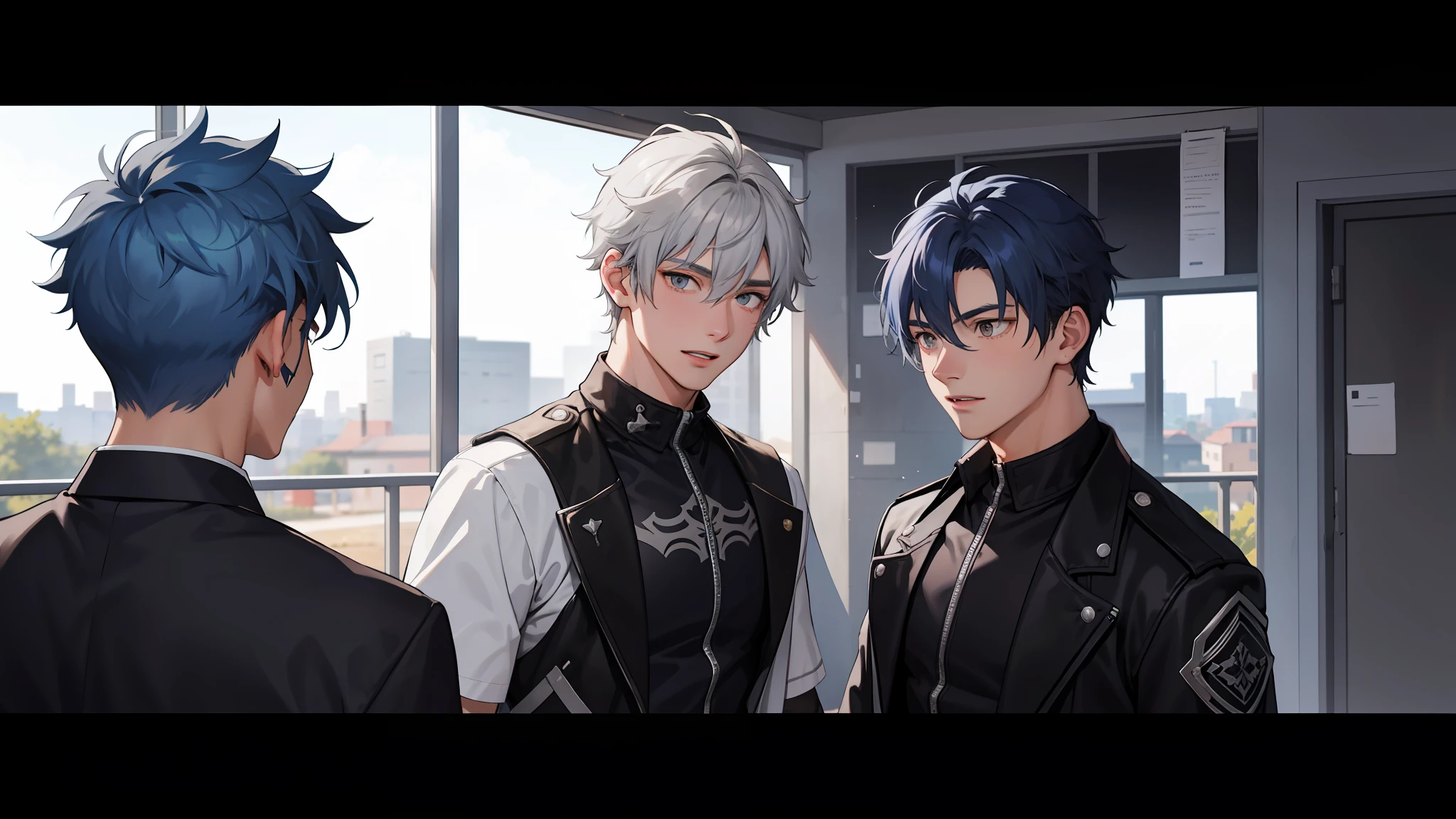 In the background is a silver city Two 15-year-old teenage friends with blue hair, With Latin skin and light gray hair on the outskirts of a large silver city they are talking about an important topic they are friends almost like brothers...............