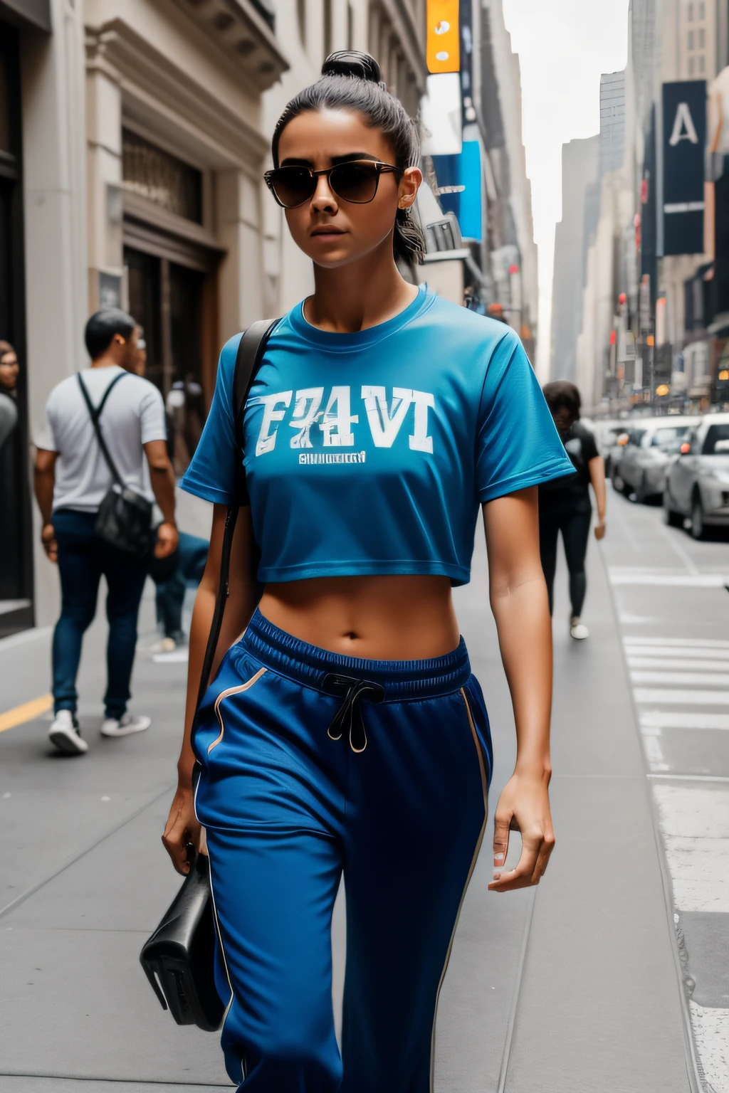 Foto RAW de 1 chico, Pelo corto, pelo rubio, Outfit deportivo con Joggers, una camiseta azul oscuro, y zapatillas de deporte, cara oblonga, Labio audaz, Beautiful, Cara detallada, Distancia focal ojo de pez, piel natural, 8k UHD, alta calidad, Film grain, Fujifilm XT3, Calles New York