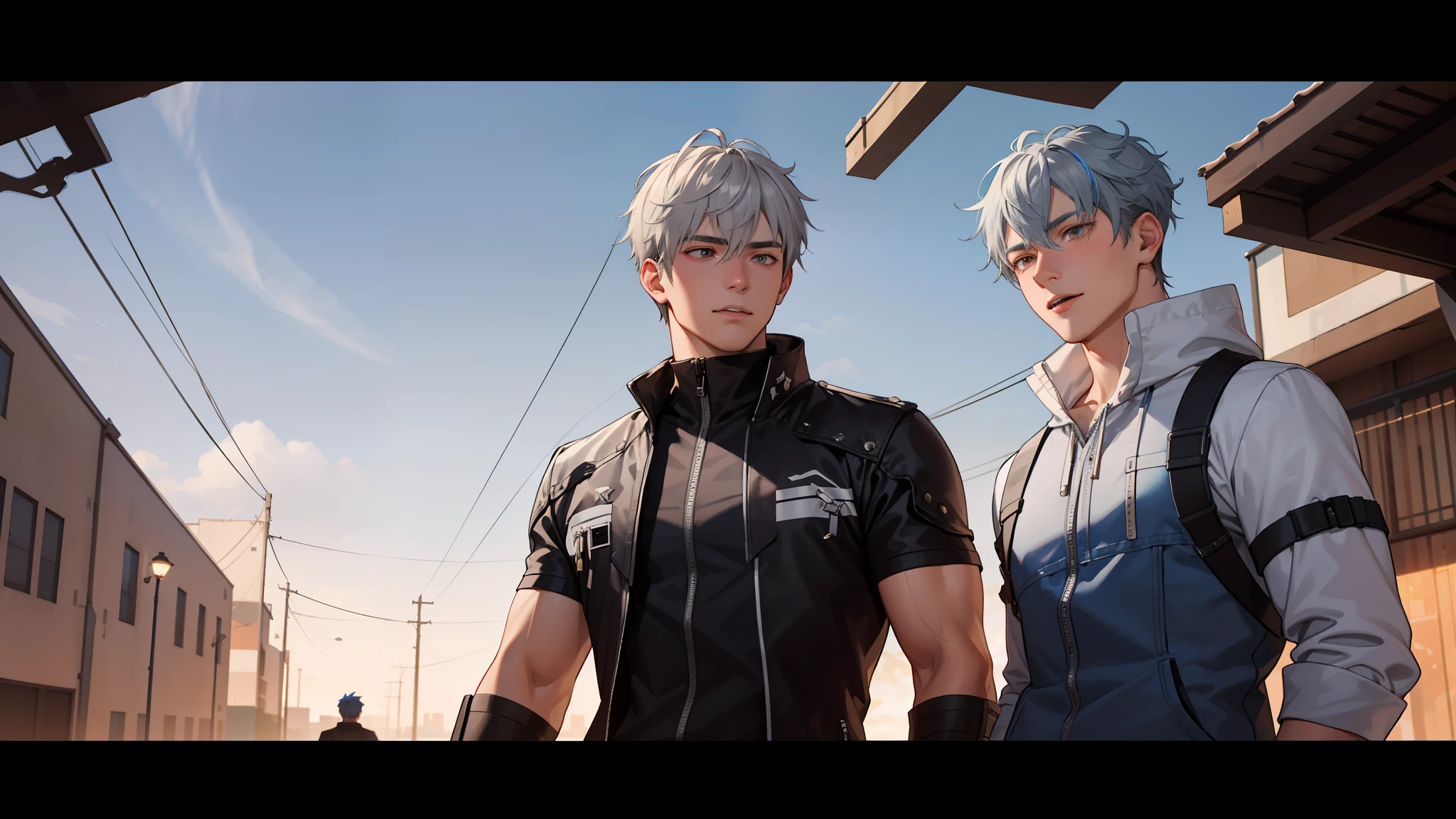 In the background is a silver city Two -yeld tege friends with blue hair, With Latin skin and light gray hair on the outskirts of a large silver city they are talking about an important topic they are friends almost like brothers...............