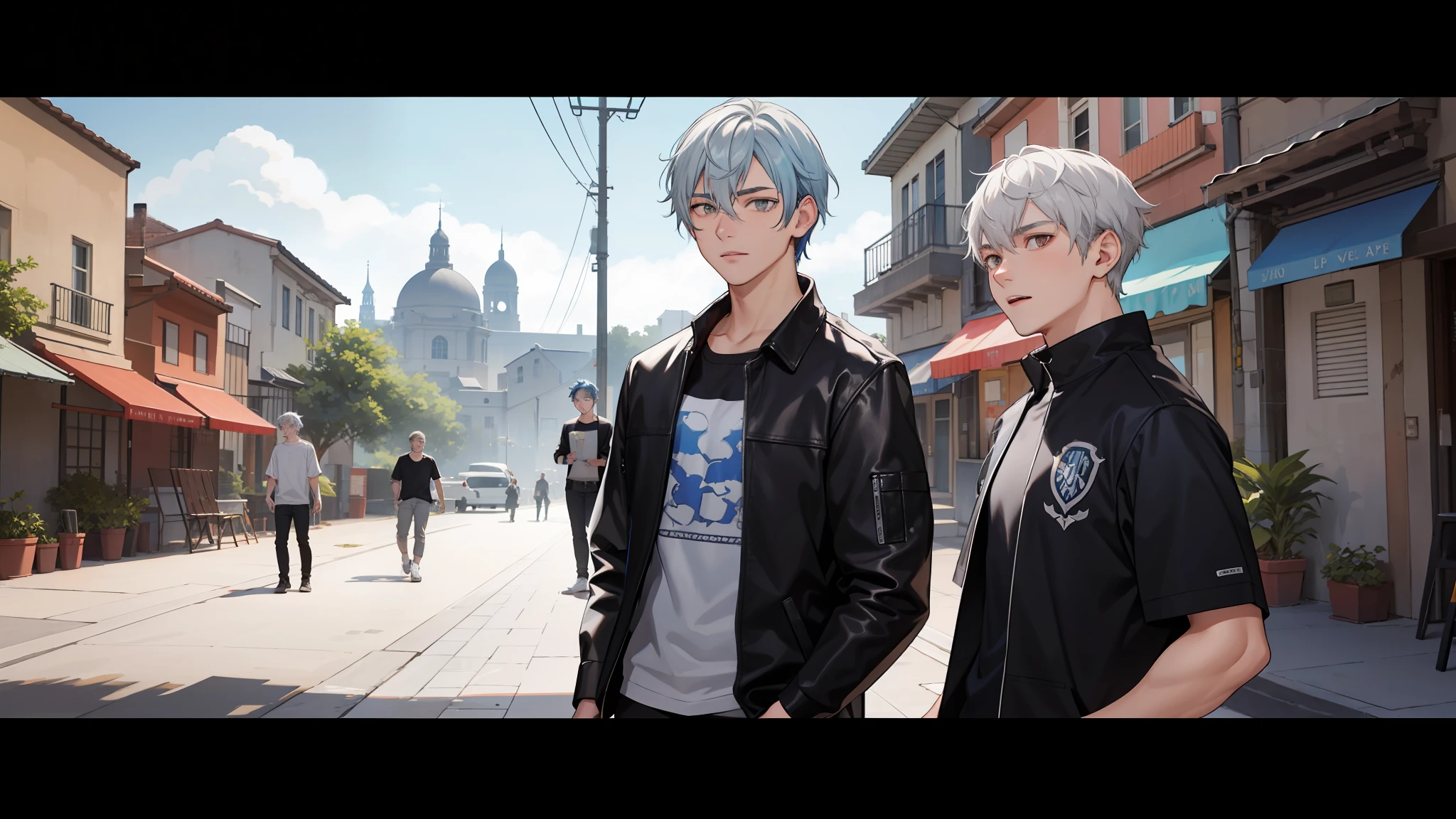 In the background is a silver city Two 15-year-old teenage friends with blue hair, With Latin skin and light gray hair on the outskirts of a large silver city they are talking about an important topic they are friends almost like brothers...............