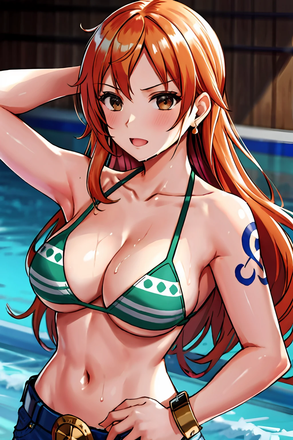 detailed background, masterpiece, 4k, epic, best quality, late youth, adult, wrestler body, wrestling, 1girl, active, energic, (large mouth) , solo, nami \(one piece\), 1girl, bangle, (very wet, yawning, drenched in sweat, sweat all over body, very wet hair, tired, open mouth, exhausted, shouting, sweaty face, sweaty body, sweating too much, shiny sweat, leaning, hands on hips, serious, glaring, open eyes, perfect detailed face, round face, sweat on face) bold drawing lines, muscular arms, detailed bold arm lines, flat jaw, adult woman, wavy wide streaked bangs, floating bang, (big cheeks), bare shoulders, off-shoulders, belt, bikini, bikini top only, blue sky, bracelet, springy breasts, breast lines, big round eyes, very big brown shiny eyes, bubbles, high eye position, cleavage, cloud, day, denim, earrings, floating hair, shiny hair, green belt, green bikini, bold groin lines, jeans, jewelry, medium breasts, log pose, long hair, looking at viewer, big navel, wet hair, orange hair, pants, shoulder tattoo, sidelocks, sky, solo, standing, stomach, swimsuit, tattoo , looking at viewer, open mouth, detailed left arm, big forehead, hourglass figure, small head, toned body, wide hair, wind effect, sun effect, under the sun, narrow small ears angle, older, random poses,