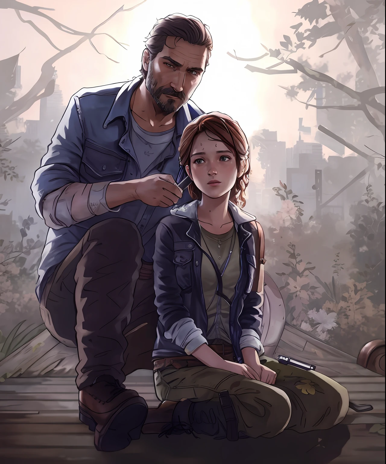 A painting of a man and a woman sitting on a bench, Snitch game style, Distinctive style, Show on the《last of us》Curly, 《last of us》, last of us, realistic art style, Ellie (last of us), highly detailed exquisite fanart, High-quality fanart, offcial art, Dale Keon and Van Seaver, lusciousness ) Show on the《last of us》Curly