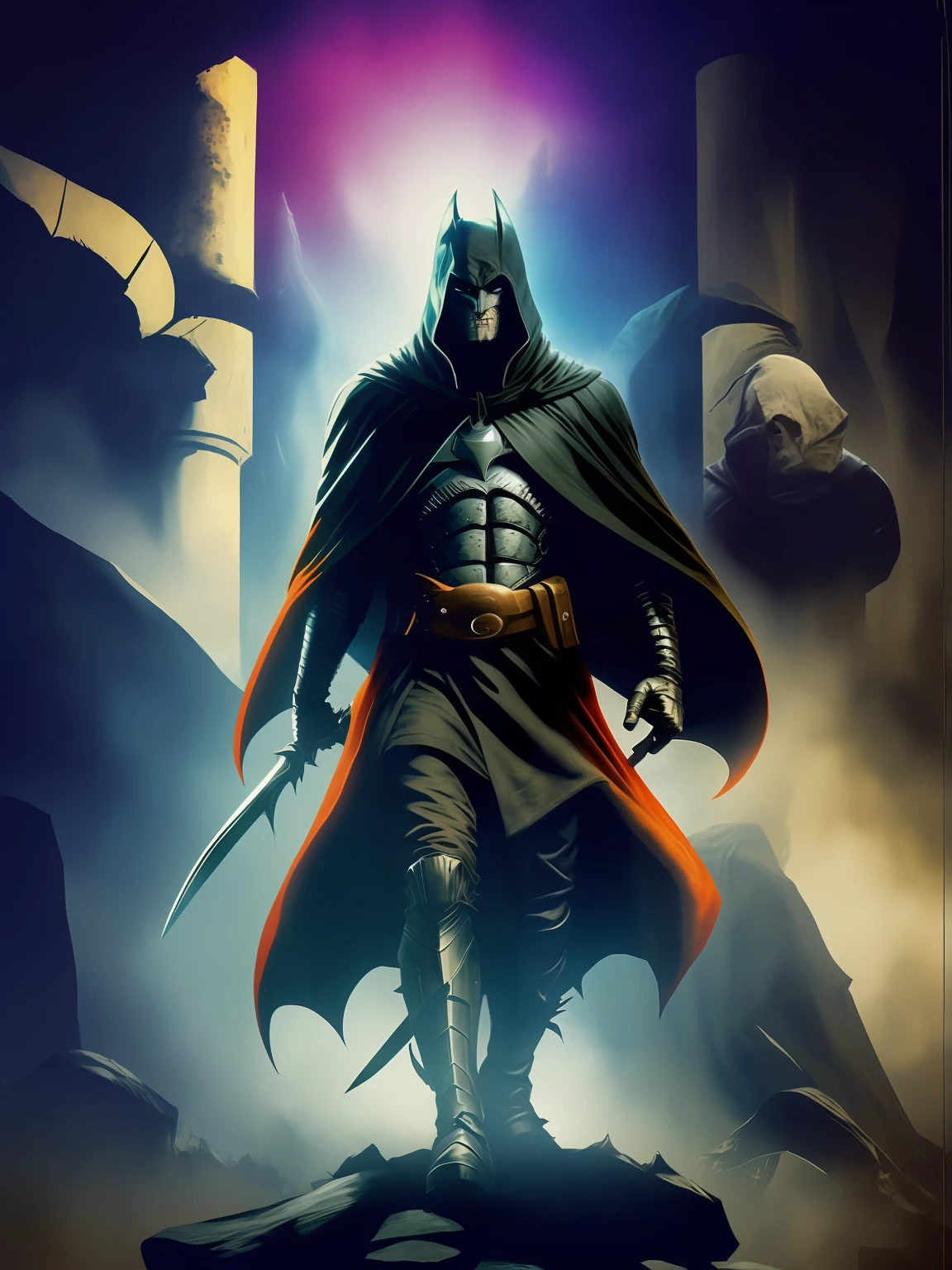 Painting depicting a man in a dark robe, Holding a Sword, he-man with a dark manner, Dark cloak, dark lord, evil knight, Epic graphic novel wallpaper, dark lord, Gothic Knight, berserk art style, Portrait of Batman ancient biblical, Hooded Sith Lord, The Scary Knight, Doctor Doom, Solomon Kane, anthropomorphic raven knight