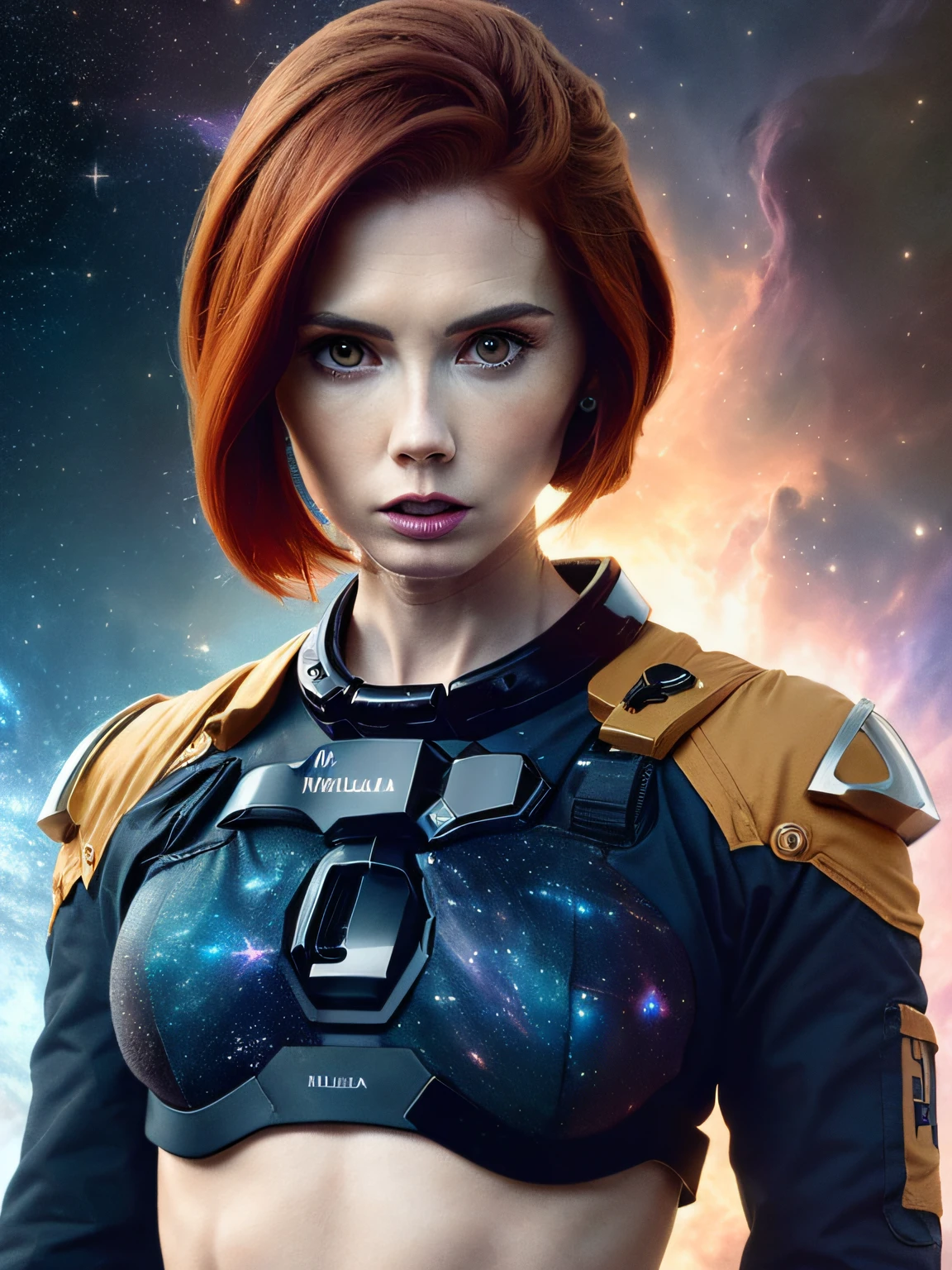 linda mulher, (((inspirada em "nebula")), ((Autorretrato frontal)), 8k UHD, DSLR, grain of film, pintura fotorrealista Fujifilm XT3 arte midjourney, ((como Karen Gillan)),