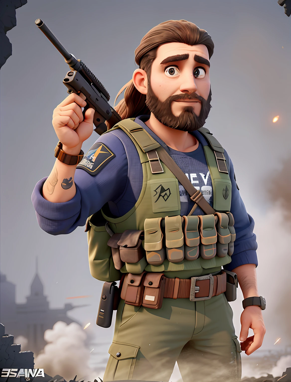 World War 3, segurando um fuzil .50 in the hands, Explosions, Shrapnel, garoa, dor visceral, suor frio,  abismo, coalhada de sangue, resignation, escova seca, simetria, monocromatic, Ultra Detalhado, intrincado, surrealismo, oil on the canvas, escova seca, cabelo comprido ate no ombro, watch on wrist, colete contra balas, Homem de meia idade, detalhe, hiper-realismo, barba estilo vikings, ballistic vest, 4k, apocalipse zumbi, cidades destruidas, florestas assustadoras, Gritando, advanced against enemies, roupa preta, imagem de um homem, olhos detalhados