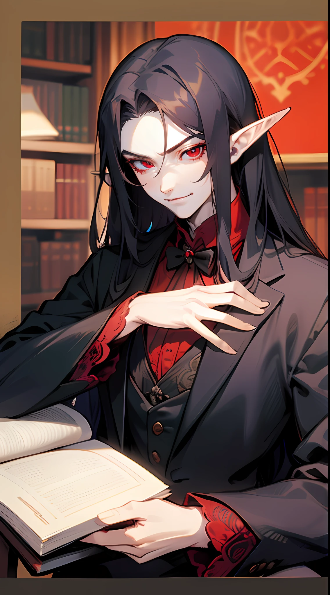 1man, male, anime, slightly pale skin, very long hair, black hair, crimson red eyes, intricate details, best quality, elf ears, smirk, detailed face, detailed hands, holding book with one hand, library, dark, dim light, open chest, butler clothes, adult male, slim muscular, fit, look at viewer, sitting at chair, side glance, vampire features (pointy ears, pale skin, red eyes, slim body), animated, semi realism, detailed eyes, perfect features (eyes, hands), portrait image, man, full body