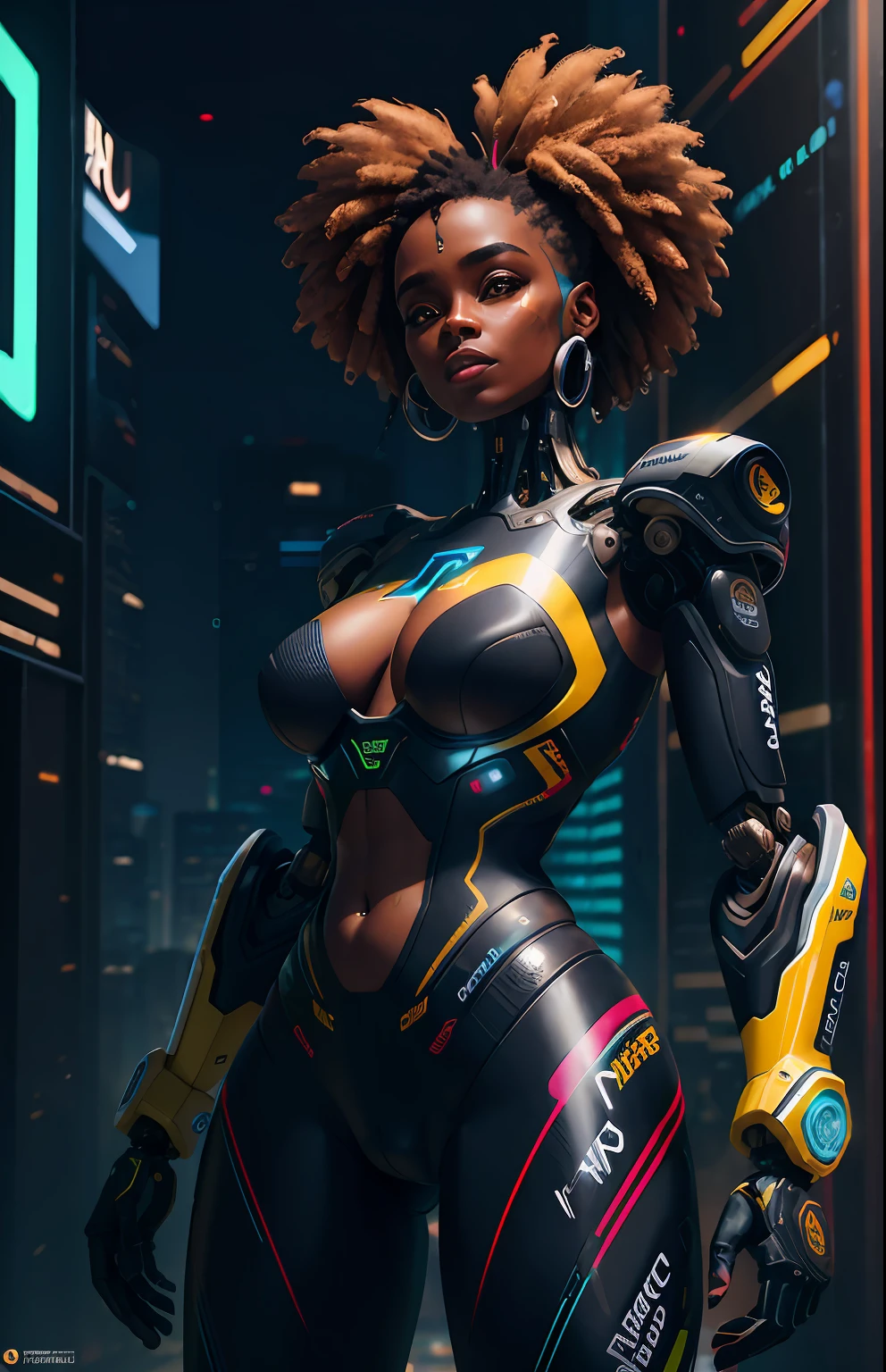 um jovem homem de pele negra, com super poderes eletricos amarelo, Biomechanicals, complex robot, crescimento completo, hiper-realista, pequenos detalhes insanos, linhas extremamente limpas, aesthetic cyberpunk, uma obra-prima apresentada no Zbrush Central