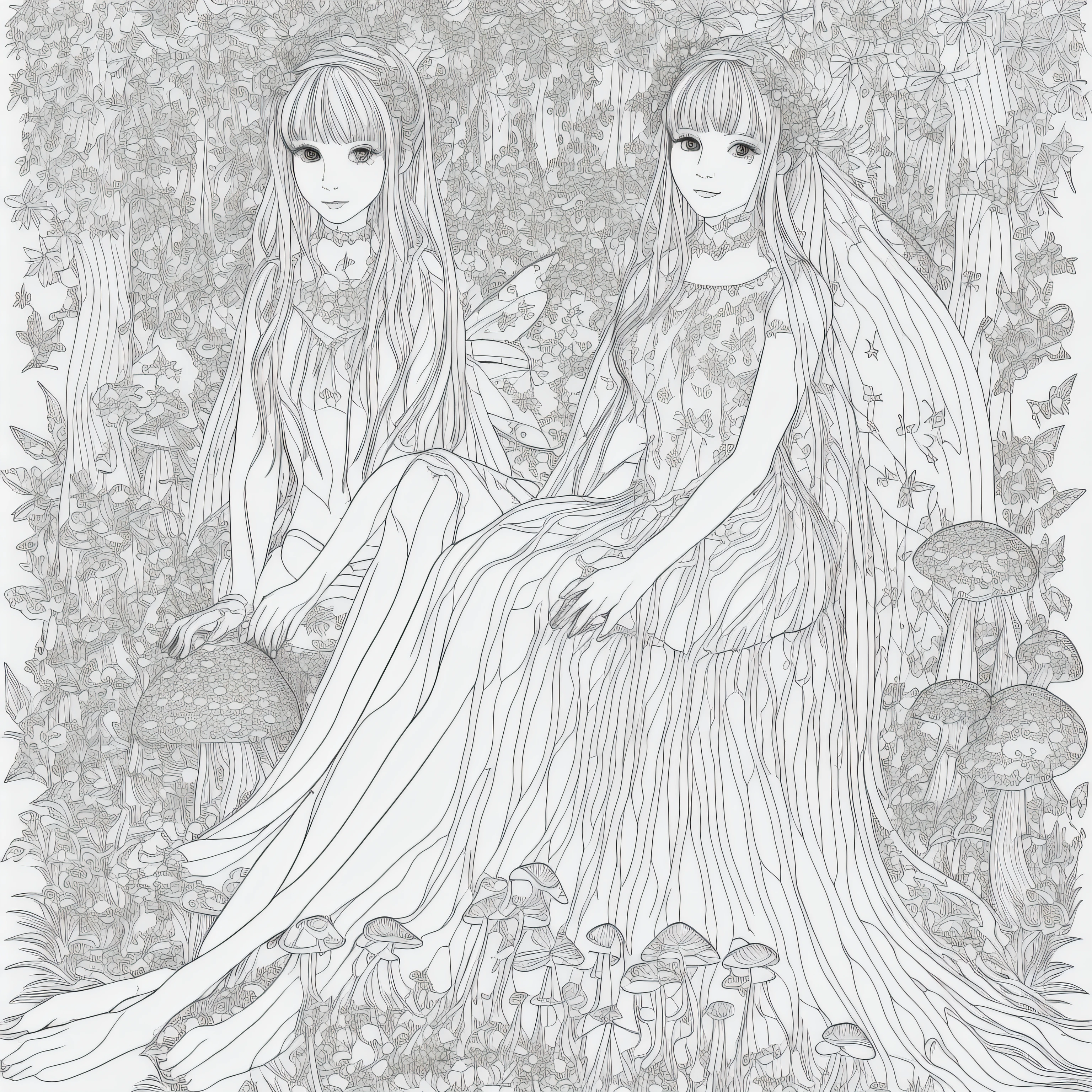 high detail coloring book page, thin black lines, white background, 1 bit line art coloring book, only draw outlines, sharp thick outlines, use full screen, outline art, illustration of, pretty fairy, sitting on a mushroom, surrounded by flowers and fireflies, butterflies, leaves, in the forest, with many details typical of the forest
