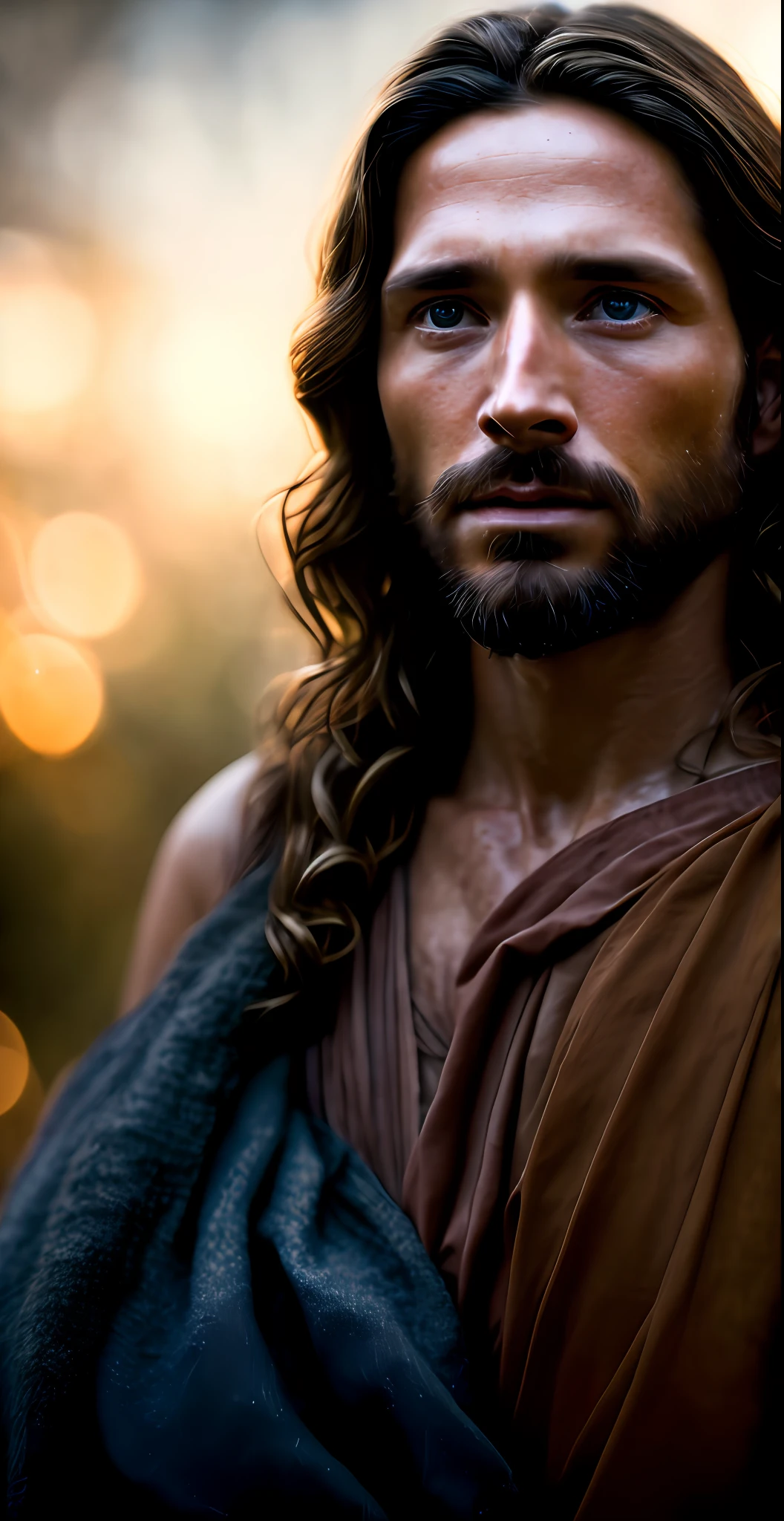portrait of modern day Jesus, cinematic lighting, depth of field, bokeh, realism, photorealistic, hyperrealism, professional photography, uhd, dslr, hdr