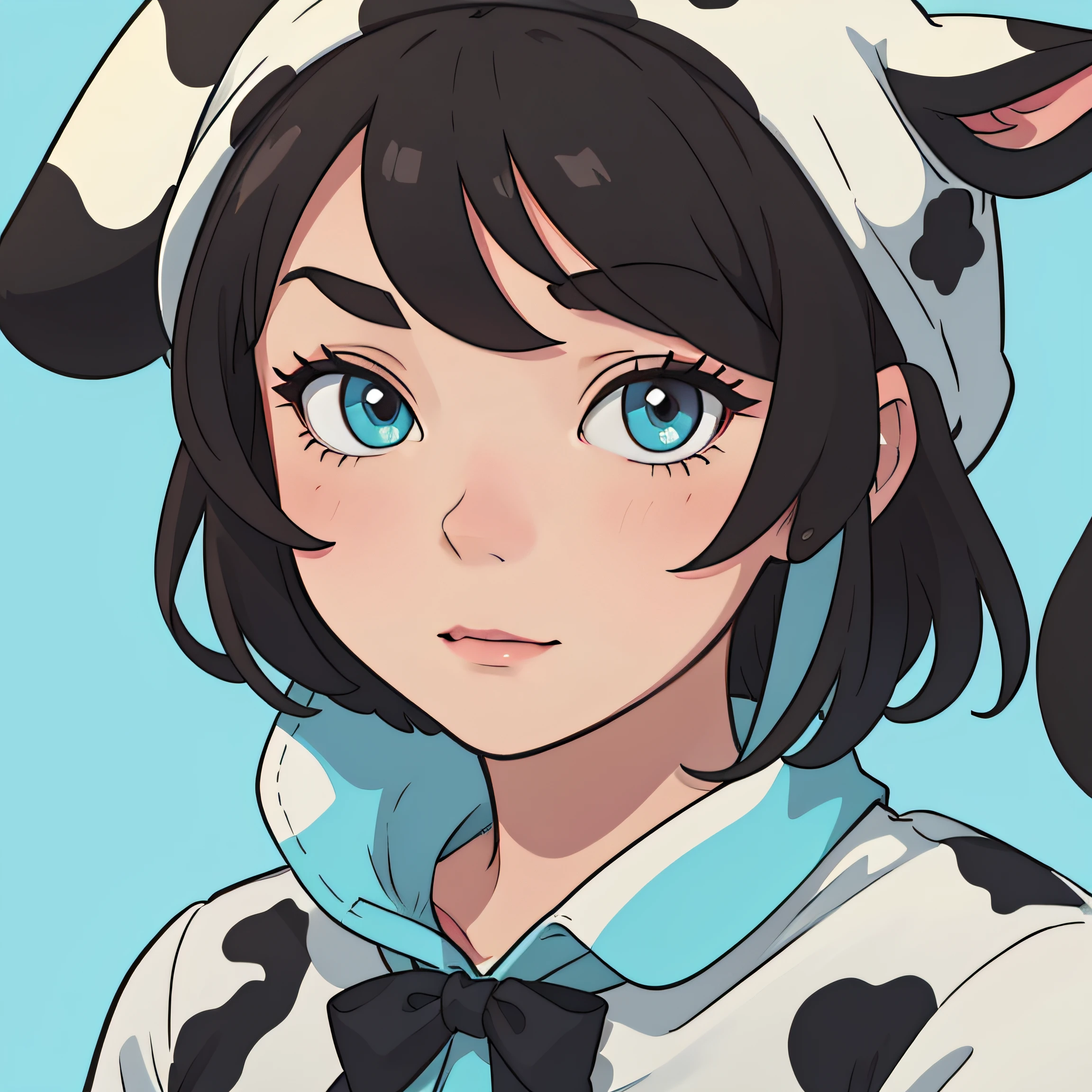 Close up of a brunette woman's face,Clear and bright,Cyan background,with short black hair,Wearing a cow-shaped hat,