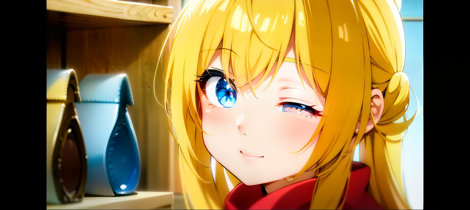 Anime girl in a room with blue eyes and blonde hair, close up of a young anime girl, anime girl named lucy, still from tv anime, anime visual of a cute girl, Perfect anime face, Today's featured anime stills, animated still, Also, anime still frame, cute anime face, anime still frame, pretty anime face, anime best girl