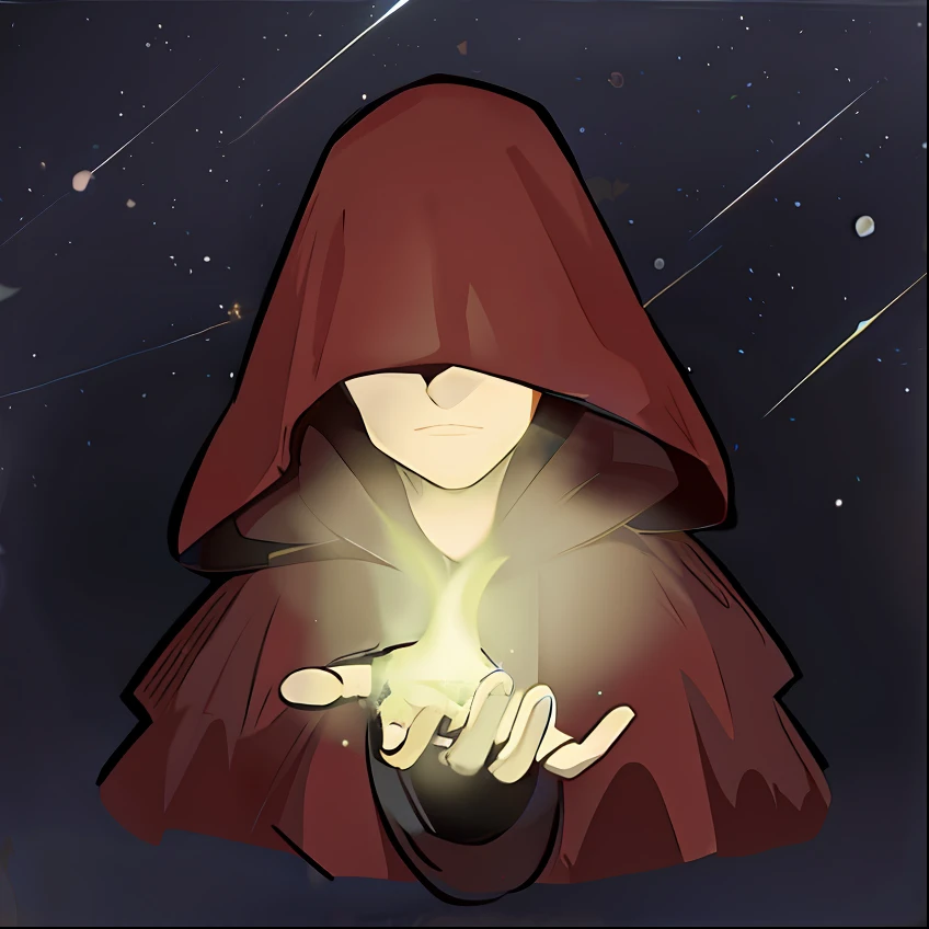 A caricature of a man wearing a hood holding a luminous object, red hooded mage, an arcane wizard casting a spell, Masked arch mage, he is casting a lighting spell, wearing cloak, Wearing a flowing cloak, hooded cloaked sith lord, Sidious, Wearing a cloak, casting a powerful spell, wiccan, casting a protection spell,The upper part of the body,Faceless