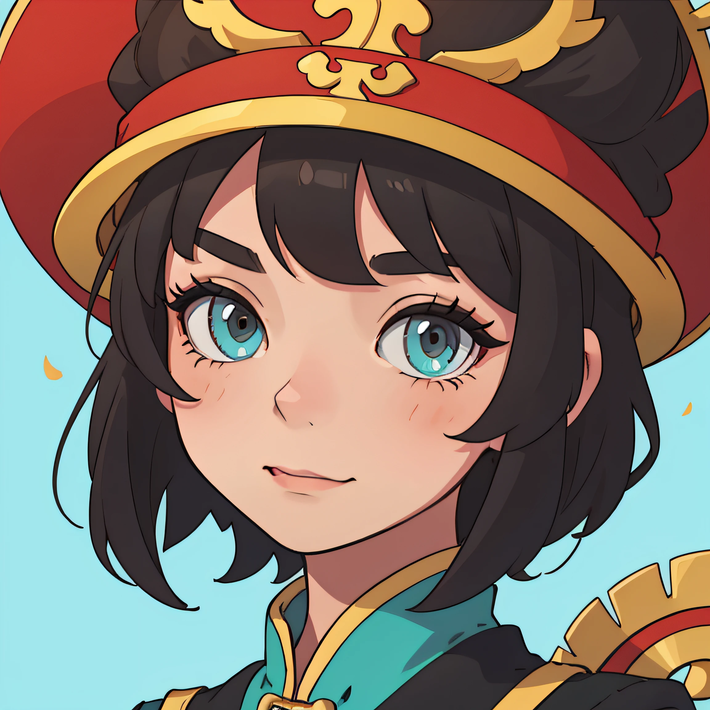 Close up of a brunette woman's face，Clear and bright，Cyan background，with short black hair，Wearing a hat in the shape of a Chinese dragon