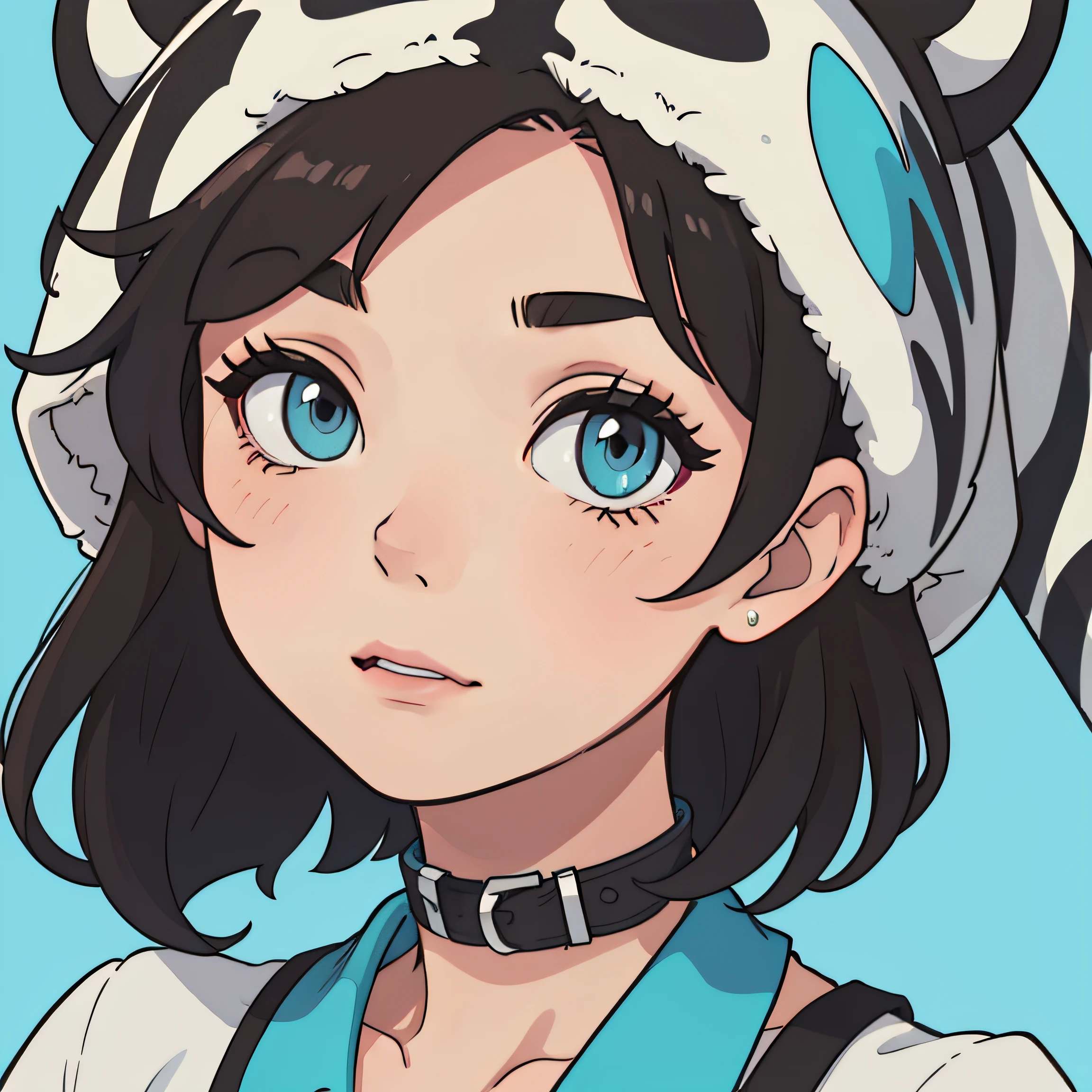 Close up of a brunette woman's face,Clear and bright,Cyan background,with short black hair,Wears a zebra-headed hat