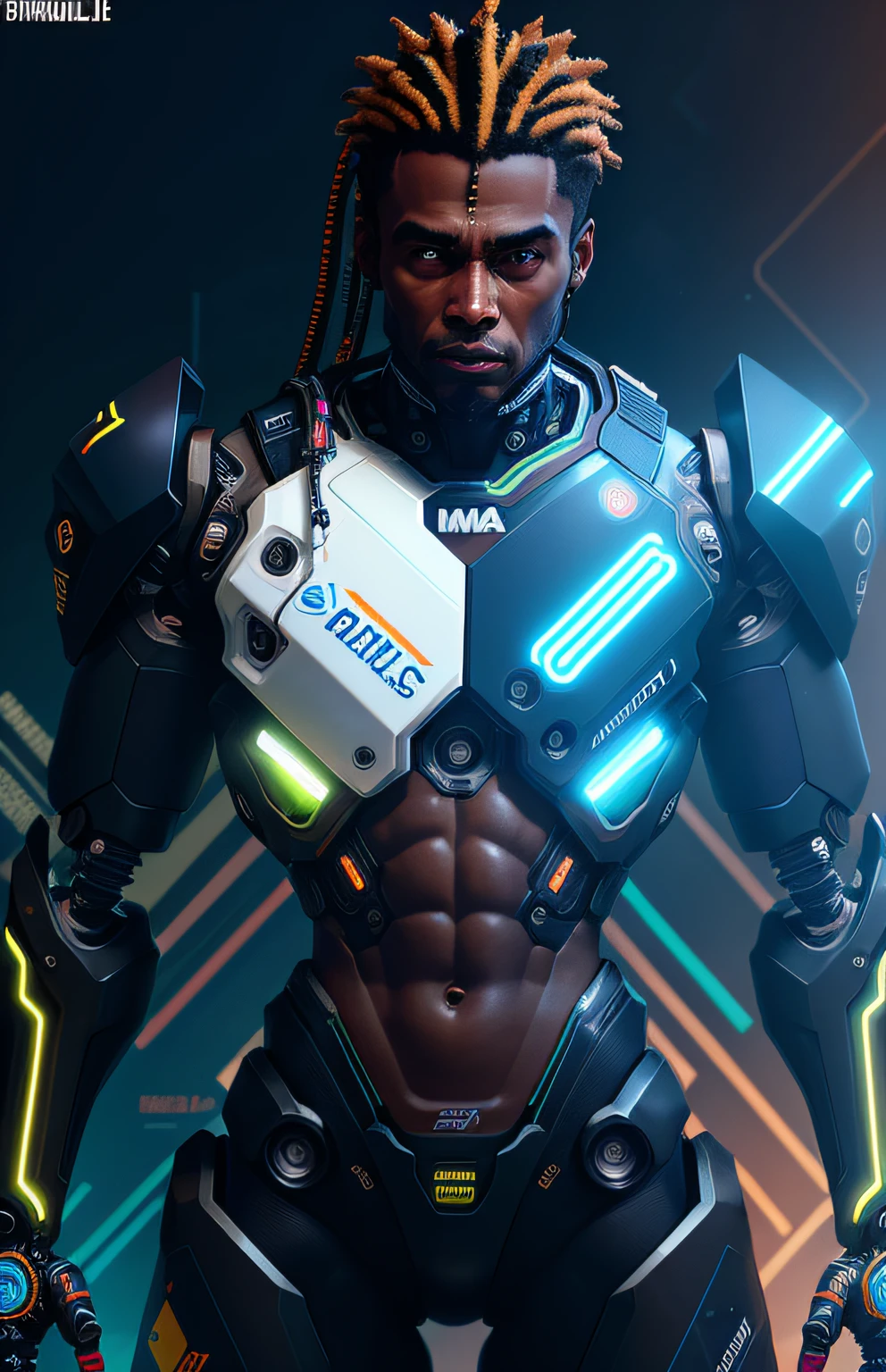 um jovem homem de pele negra, com super poderes eletricos amarelo, Biomechanicals, complex robot, crescimento completo, hiper-realista, pequenos detalhes insanos, linhas extremamente limpas, aesthetic cyberpunk, uma obra-prima apresentada no Zbrush Central