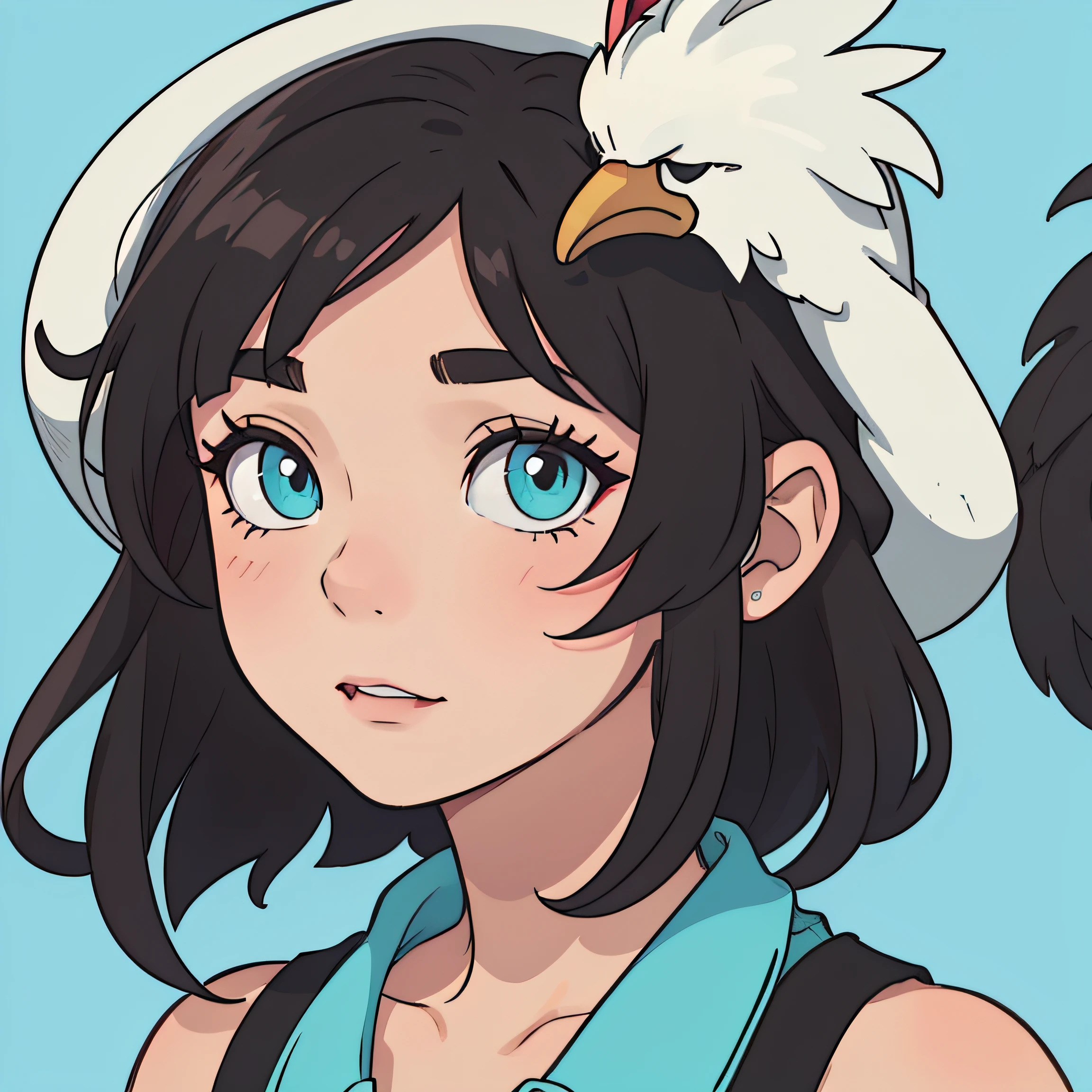 Close up of a brunette woman's face,Clear and bright,Cyan background,with short black hair,Wearing a hat in the shape of a rooster's head