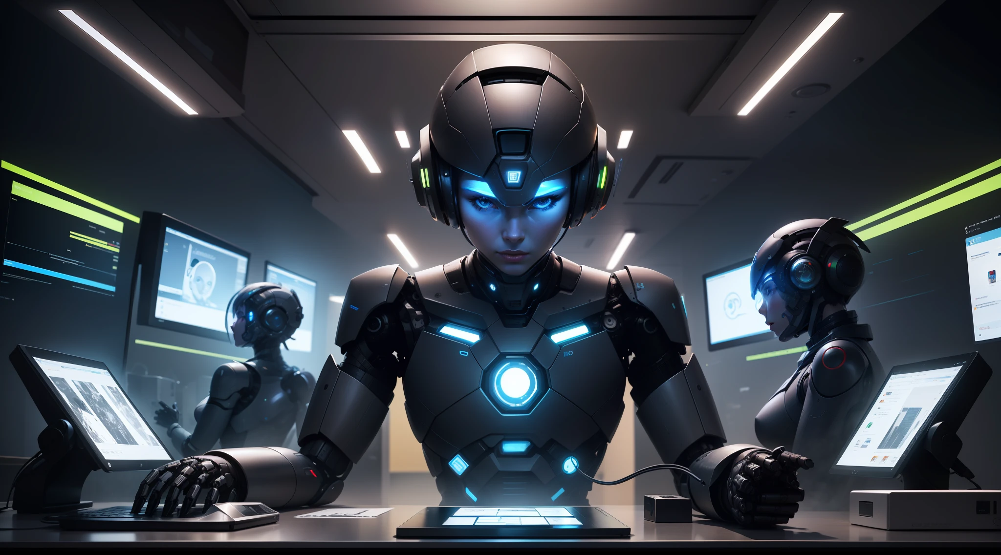 An image of a robot representing artificial intelligence, working together with a human with multiple screens and computer and humans and graphics. Isso simbolizaria o potencial da IA em aprimorar o trabalho com dados. 8k