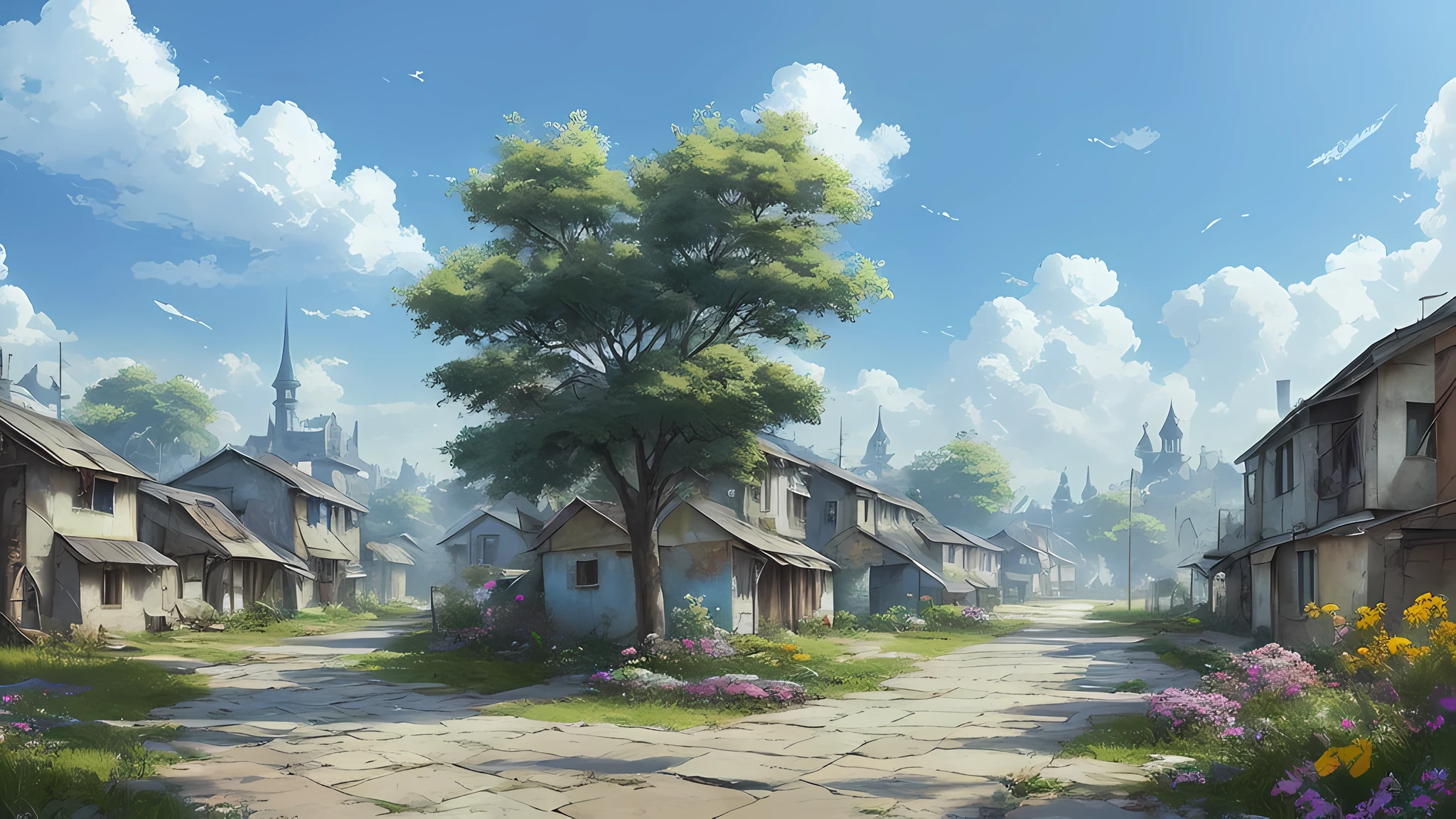 picturesque slums, very cozy little place, hyper realism, (anime Makoto Shinkai:0.4), old shabby house in city street,, outdoors, sky, cloud, day, scenery, tree, blue sky, building, sign, wide shot, utility pole, town, wilderness, flowers, a lot of utensils lying around in a mess