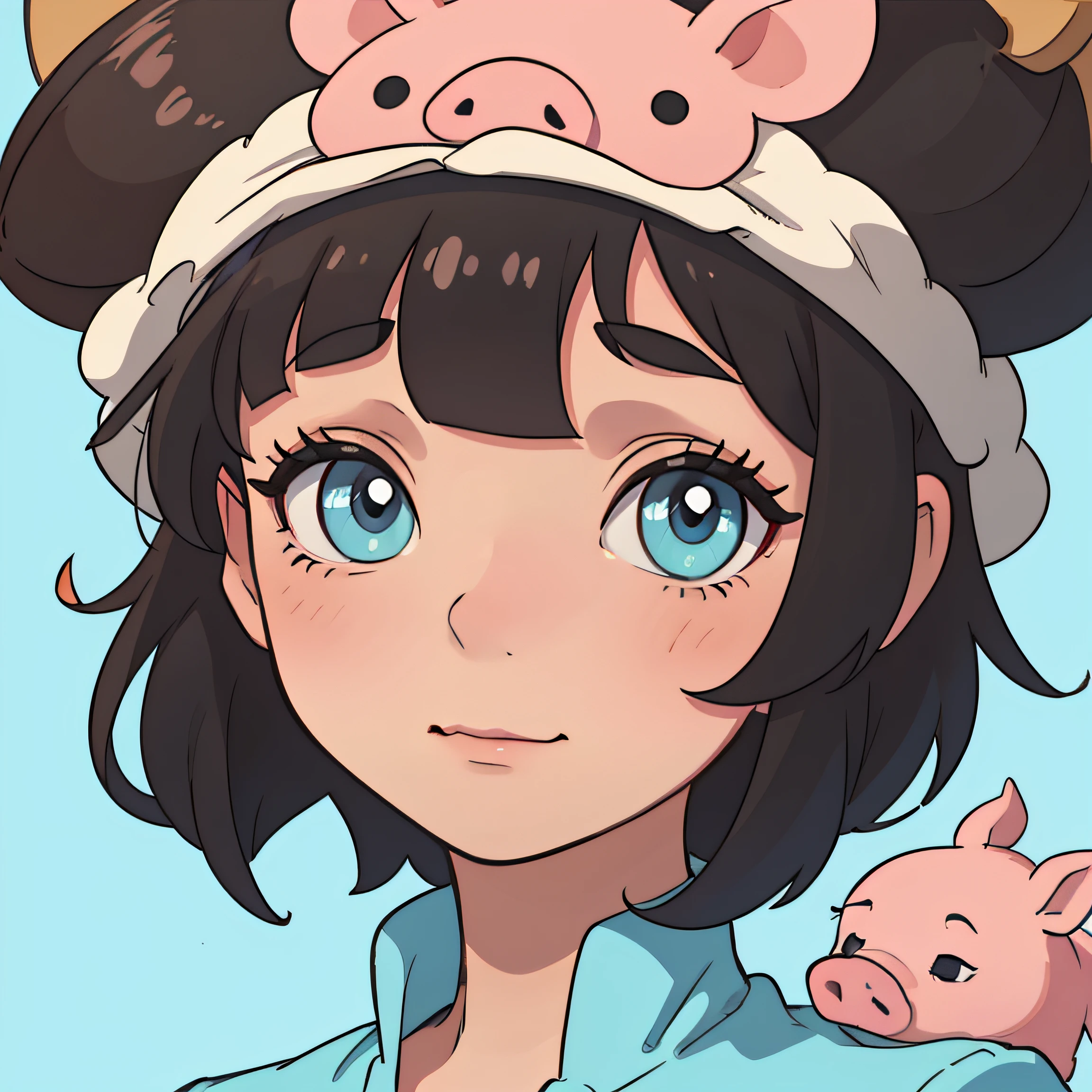 Close up of a brunette woman's face,Clear and bright,Cyan background,with short black hair,Wears a piglet's head shaped hat